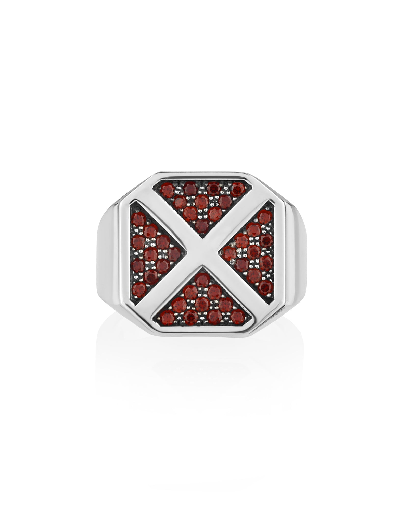 Men's X Cross Ring Signet with Garnets Sterling Silver