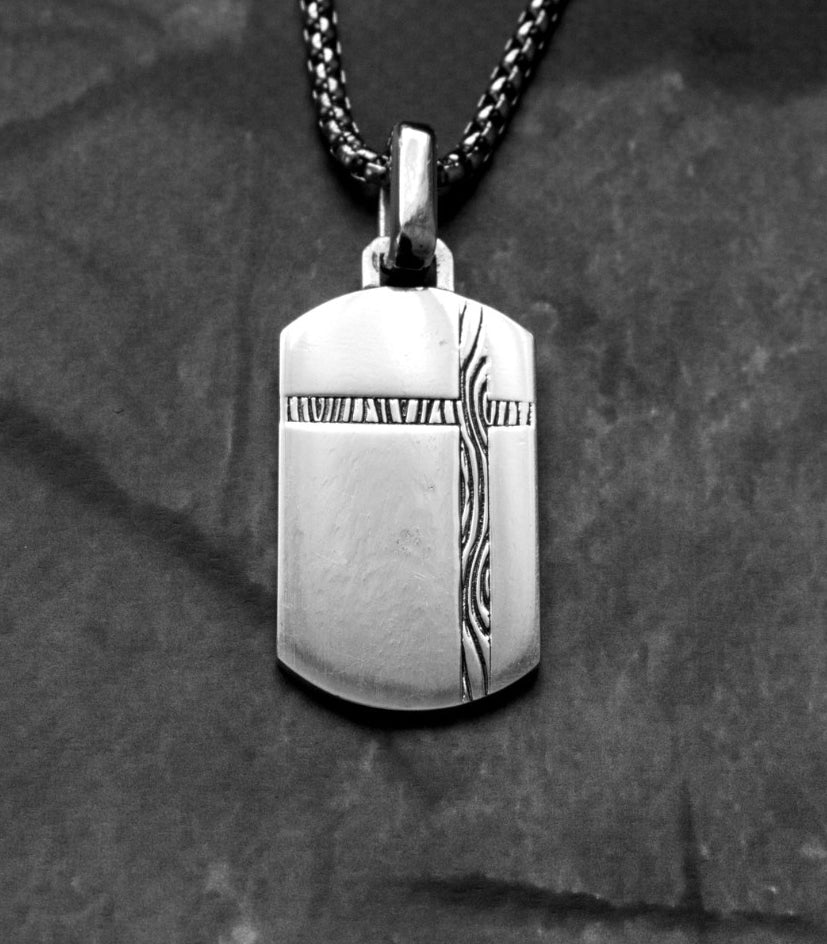 Silver Cross Tag Pendant with Tree Growth Pattern