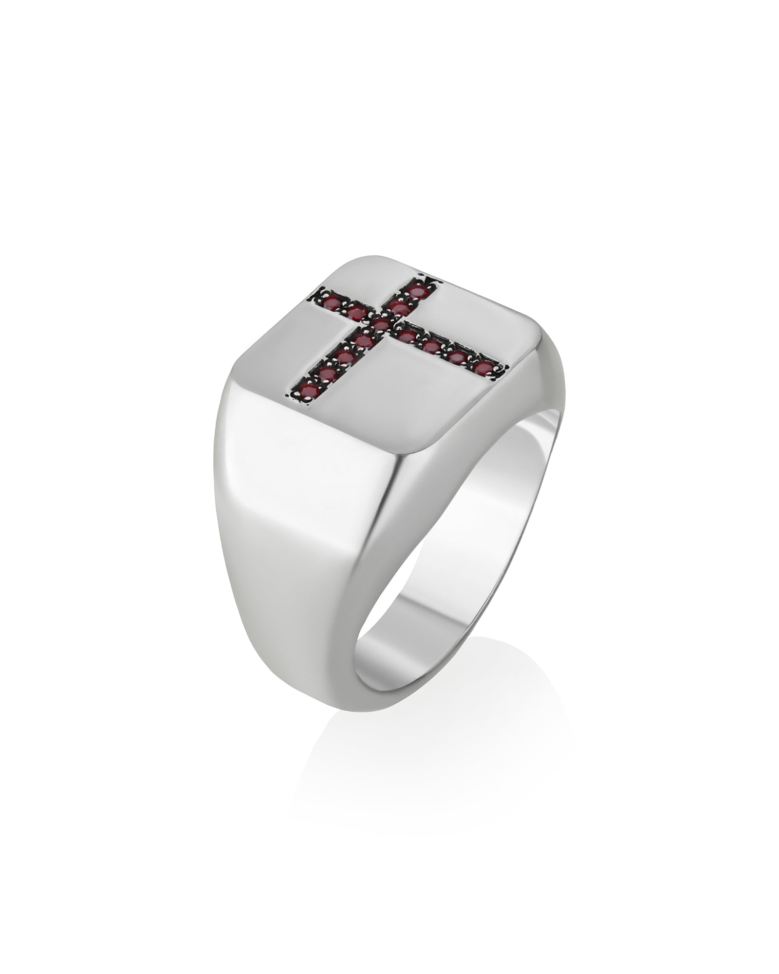 Red Cross Ring Minimalist Silver Signet with Garnets CZ