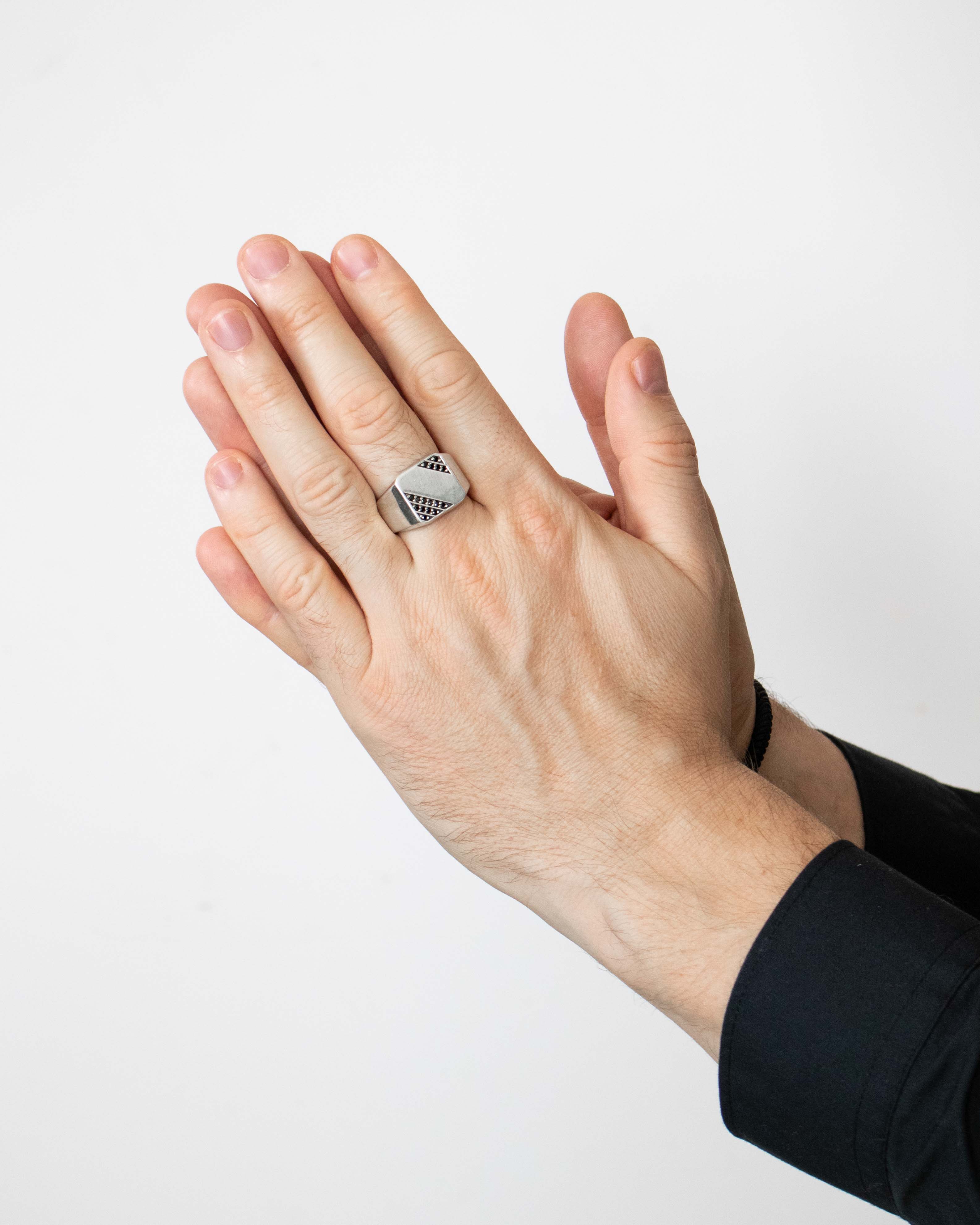 Soft Square Signet Ring Pattern of Black Diamonds Silver