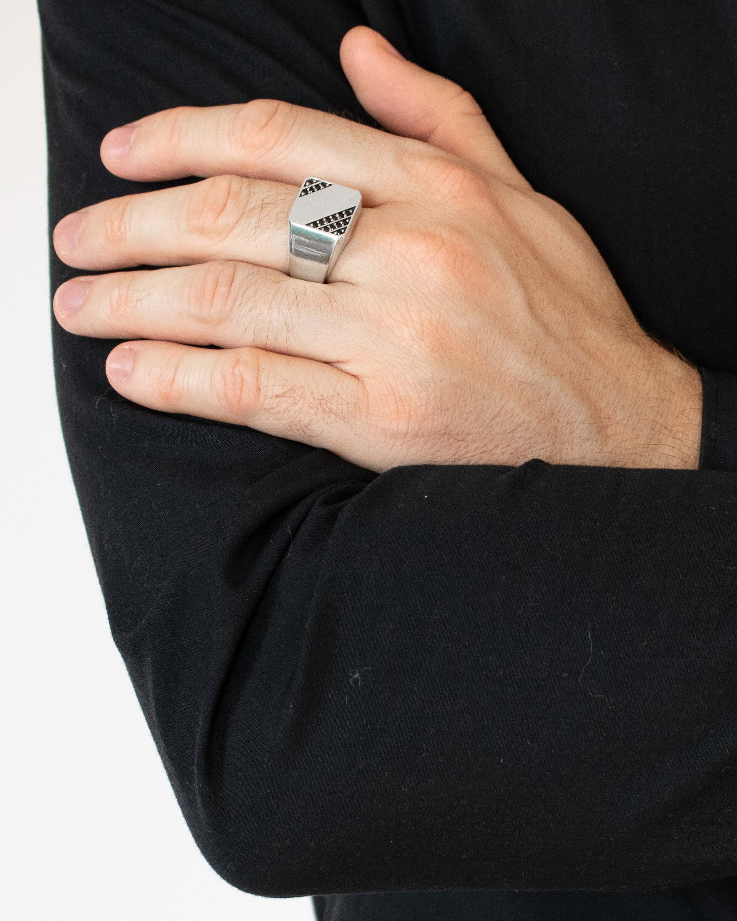 Soft Square Signet Ring Pattern of Black Diamonds Silver