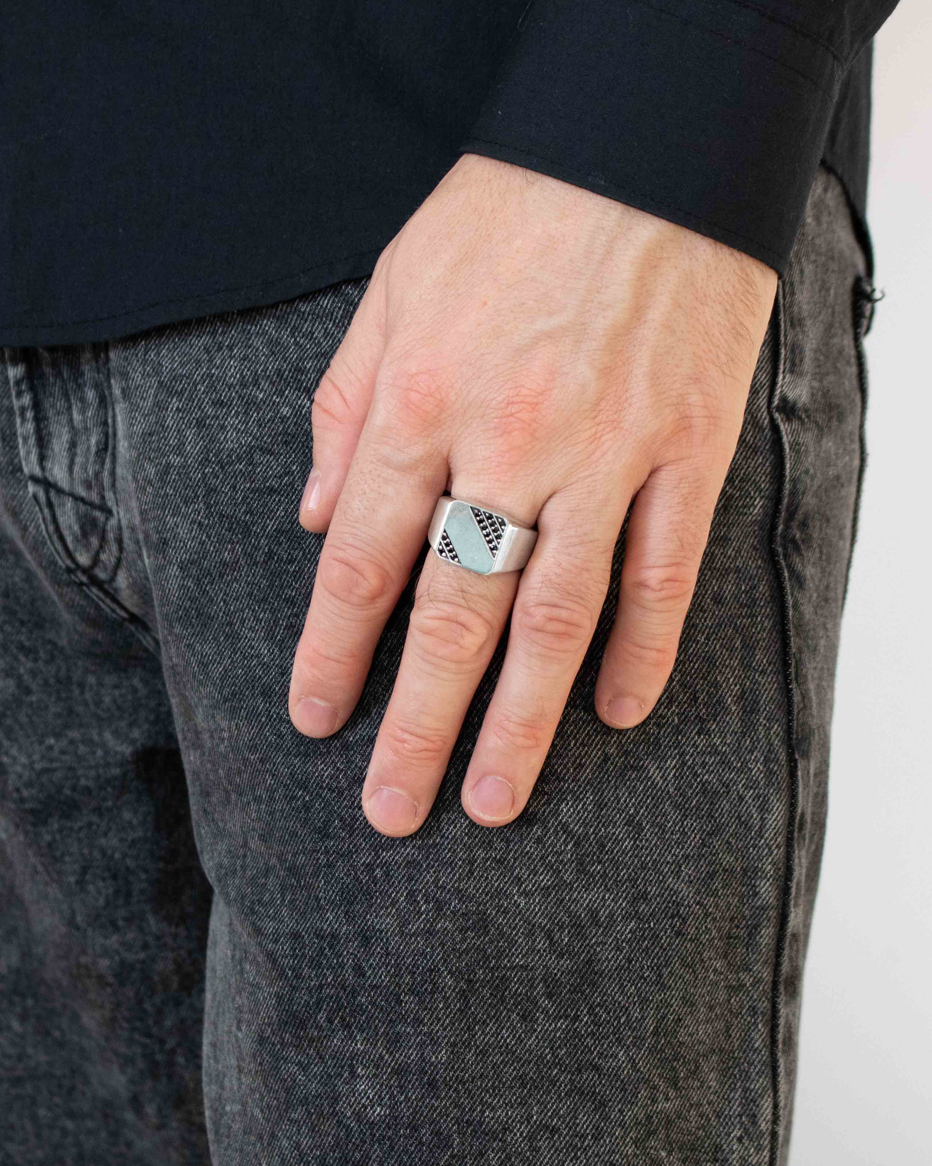 Soft Square Signet Ring Pattern of Black Diamonds Silver