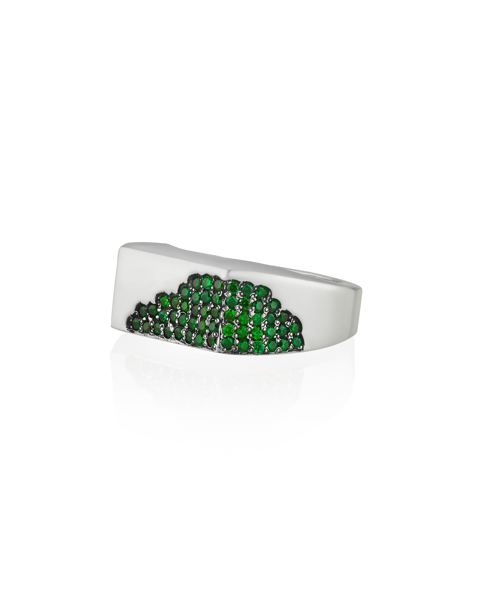 Flat Silver Signet Ring with Curved Emeralds CZ Inset