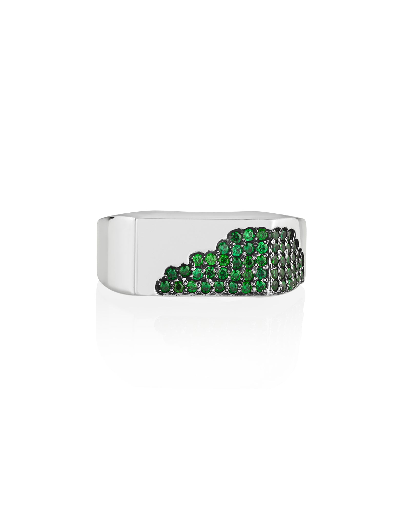 Flat Silver Signet Ring with Curved Emeralds CZ Inset