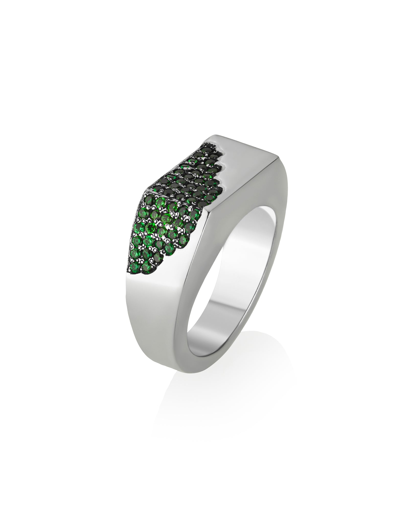 Flat Silver Signet Ring with Curved Emeralds CZ Inset