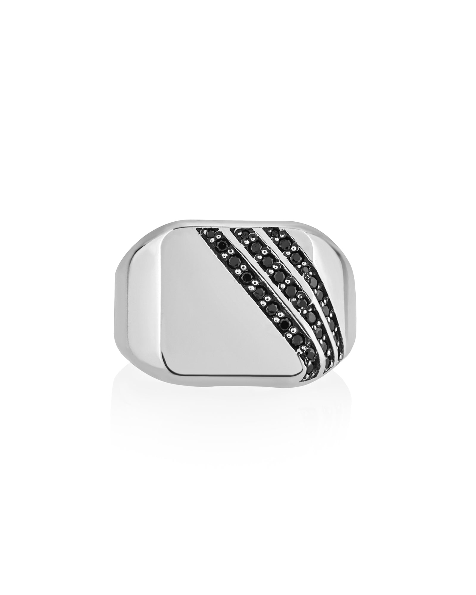 Cushion Signet Ring Diagonal Black Diamond CZ Channels