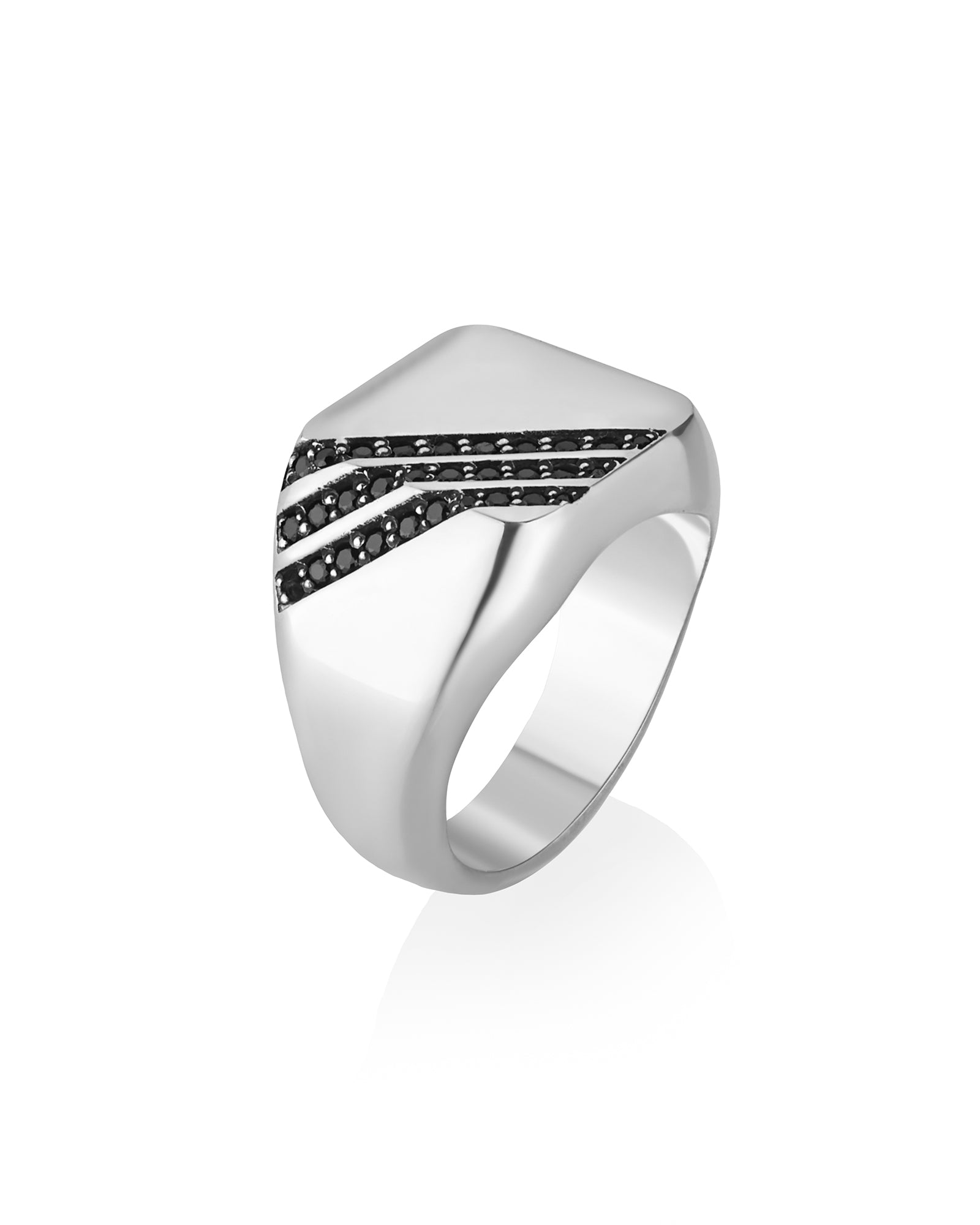 Cushion Signet Ring Diagonal Black Diamond CZ Channels