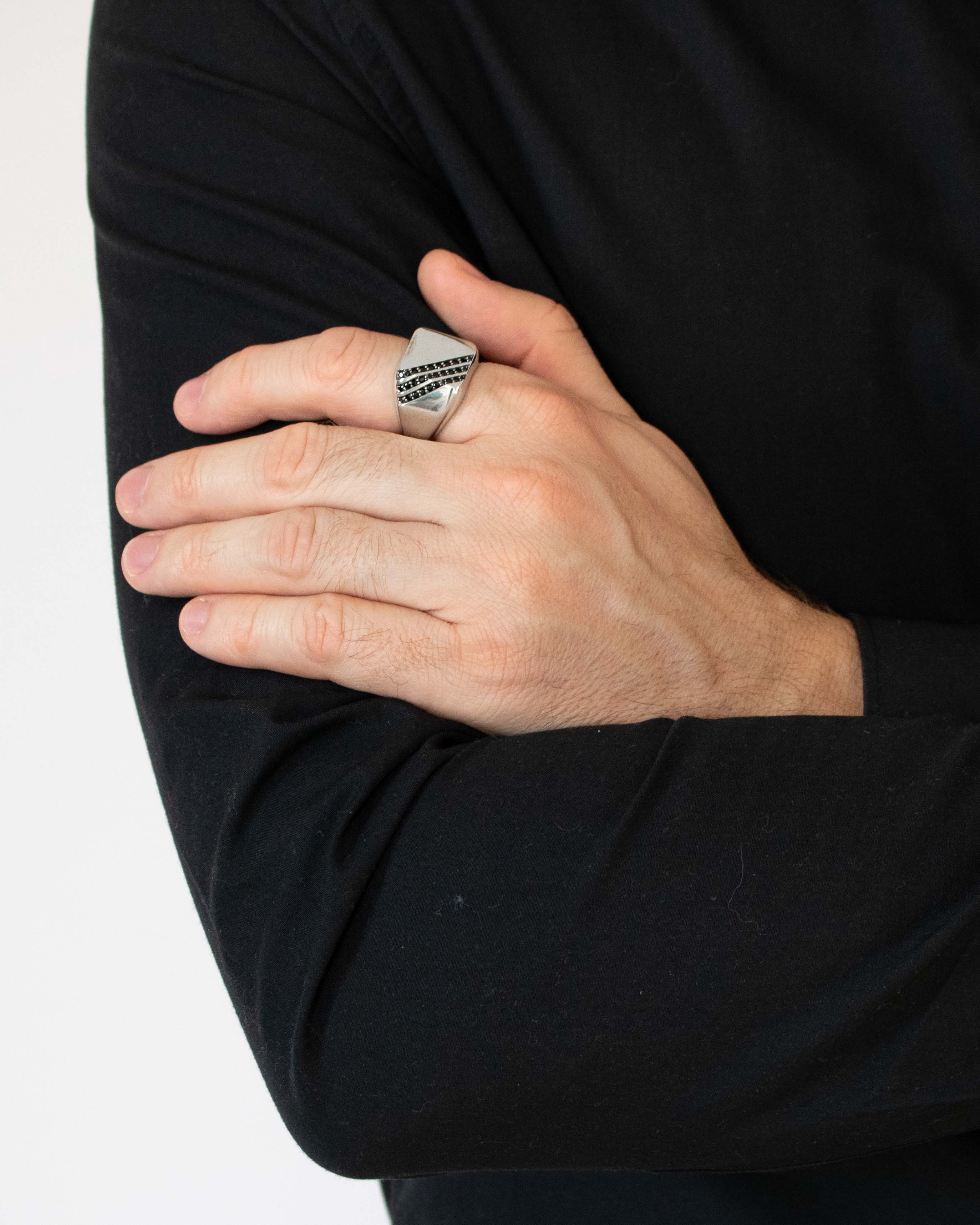 Cushion Signet Ring Diagonal Black Diamond CZ Channels