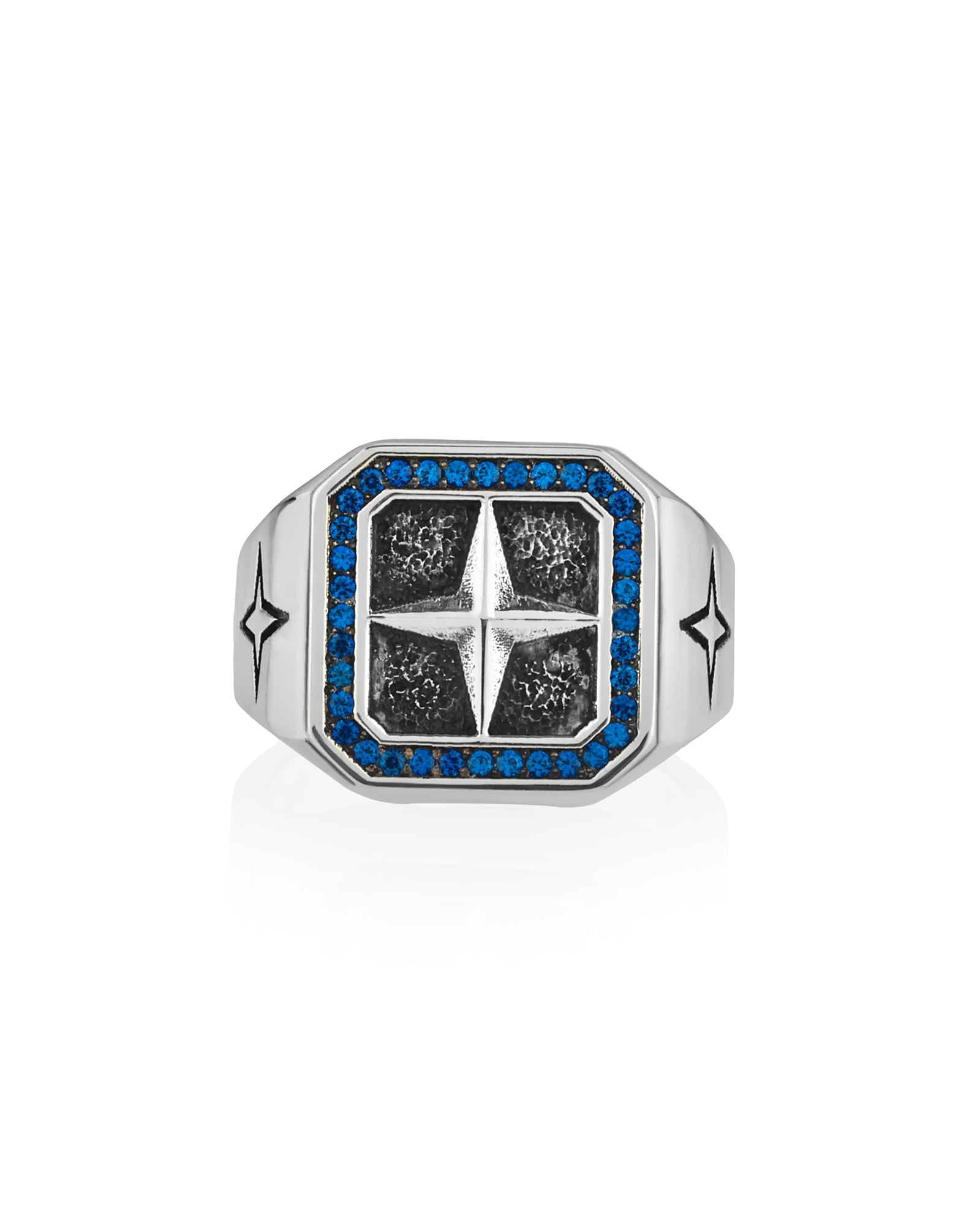 Guiding Star Signet Ring Oxidized Top and Sapphires CZ