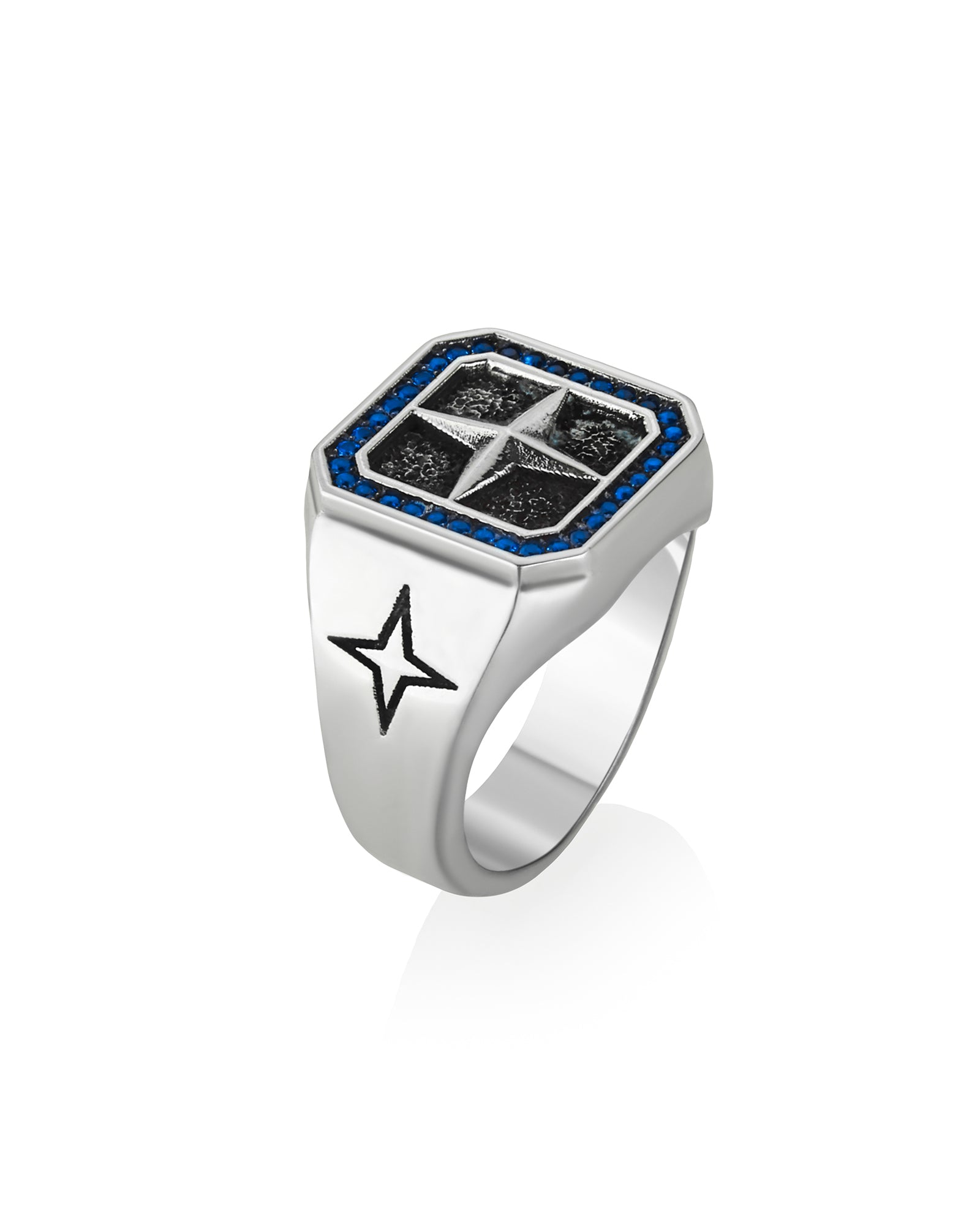 Guiding Star Signet Ring Oxidized Top and Sapphires CZ