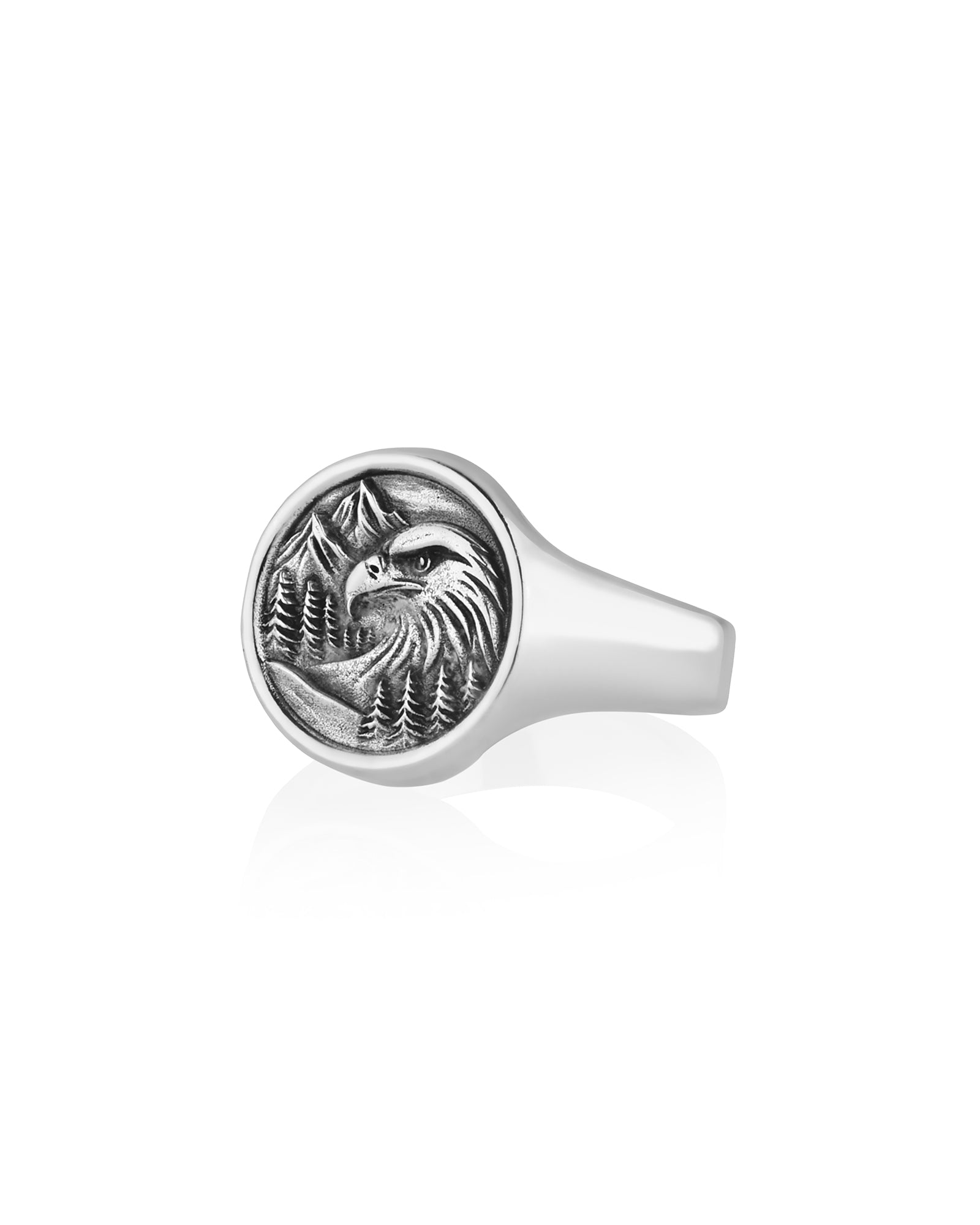 Mountain Eagle Ring Men's Silver Signet Round Shape