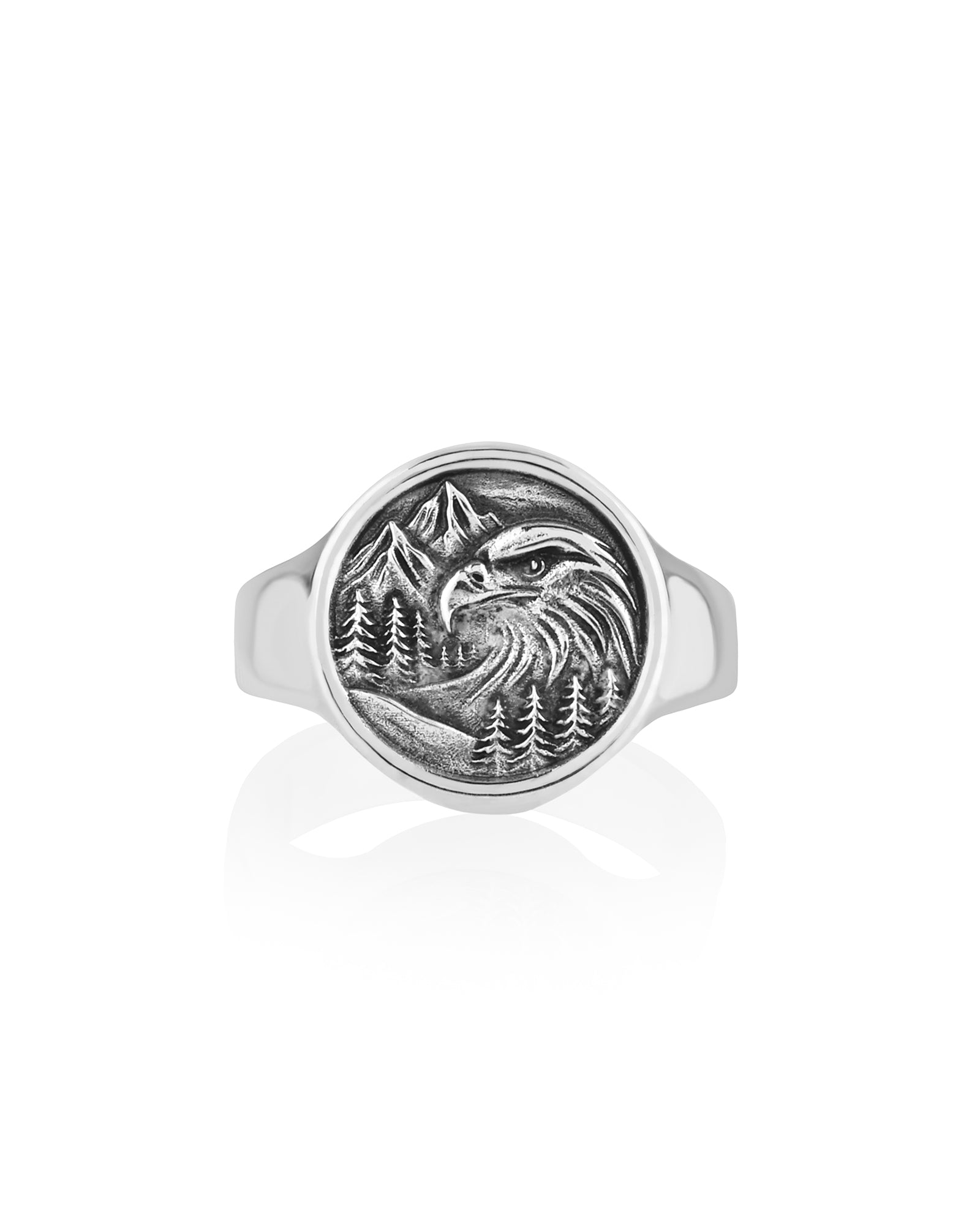 Mountain Eagle Ring Men's Silver Signet Round Shape