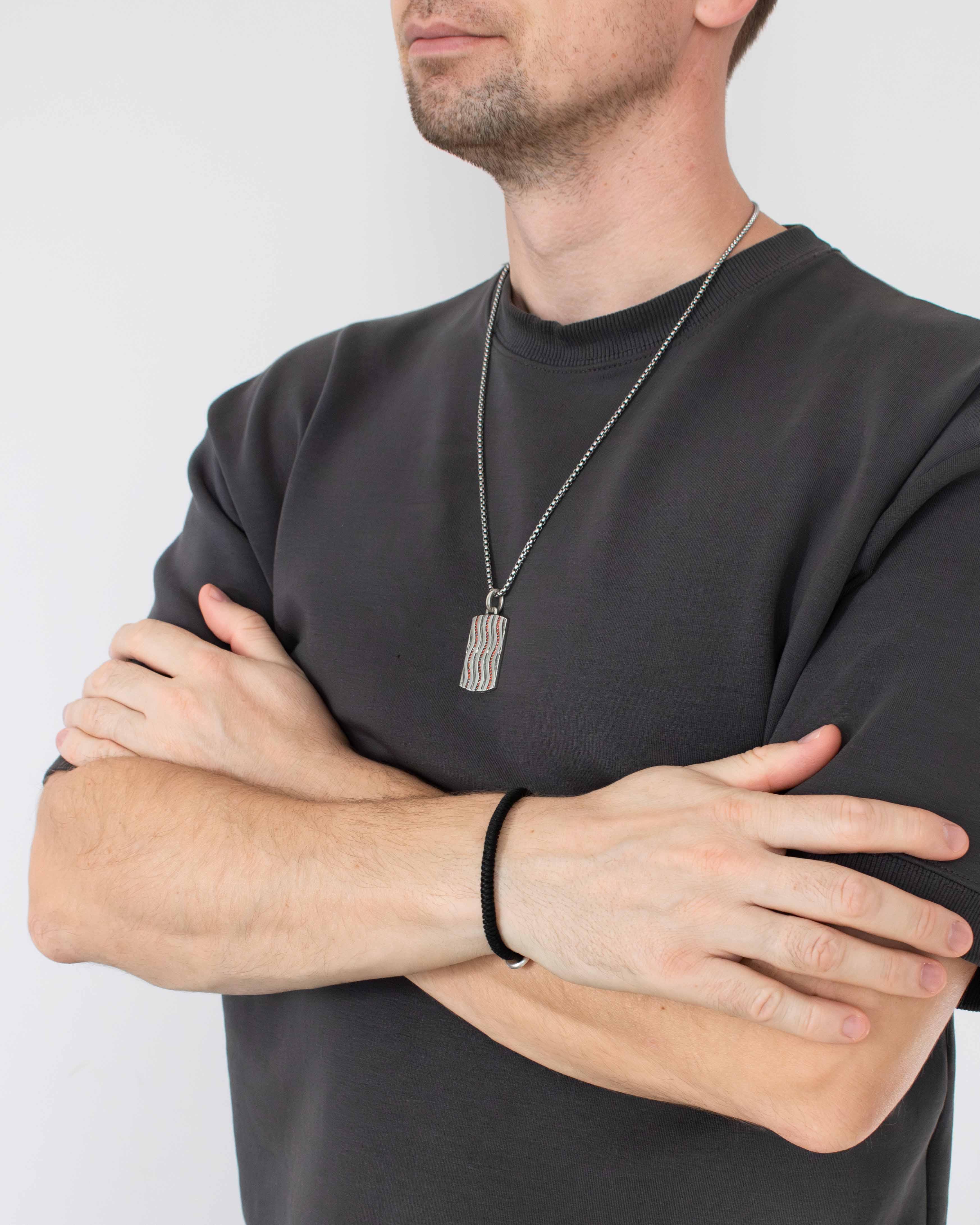 Mens Wavy Design Red Gemstones Dog Tag Pendant Silver