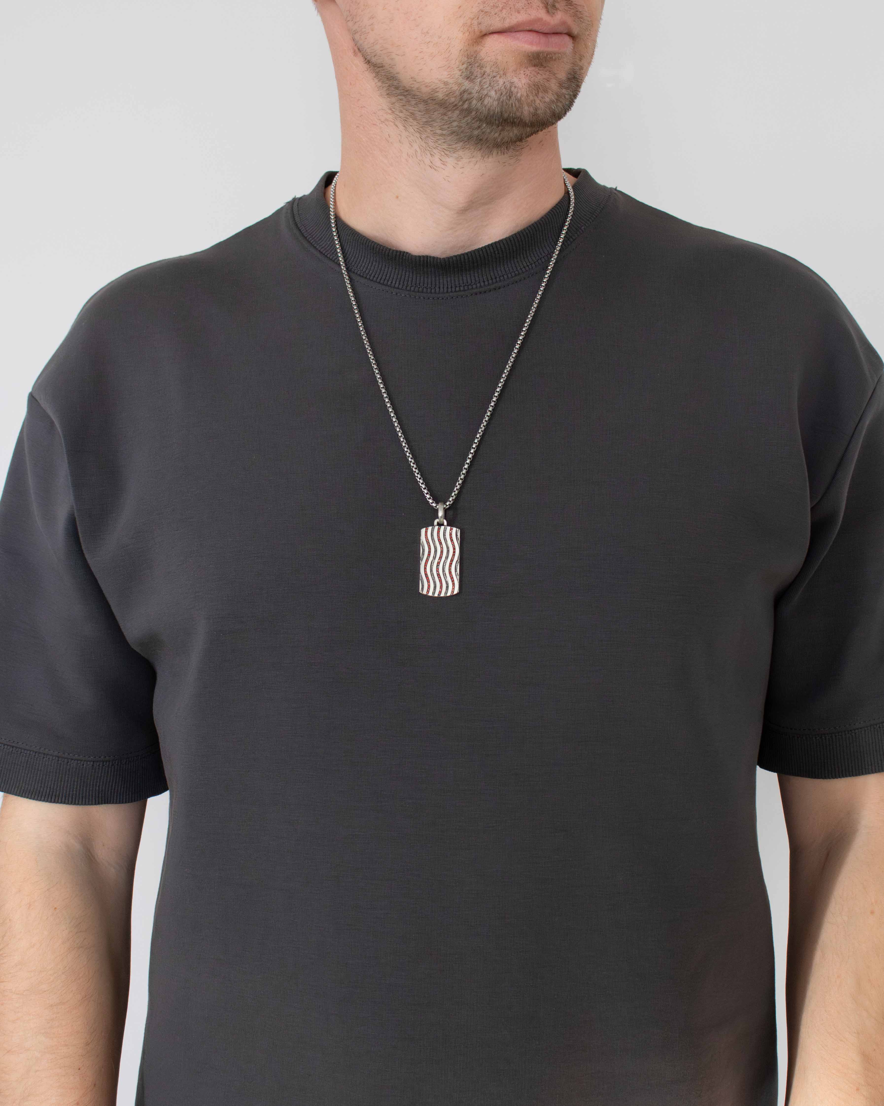 Mens Wavy Design Red Gemstones Dog Tag Pendant Silver