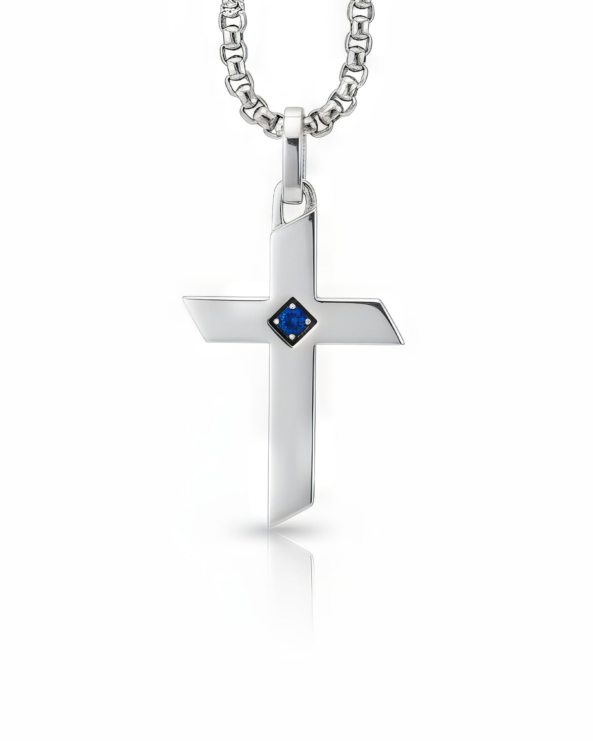 Sharp Edge Silver Cross Necklace with Blue Sapphire CZ