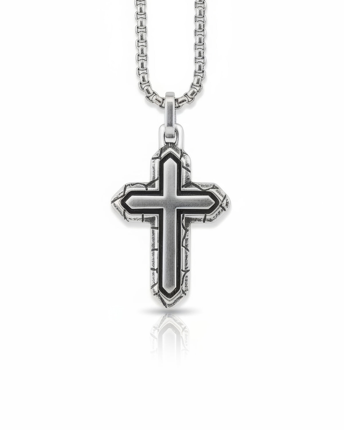 Layered Silver Cross Necklace with Textured Border
