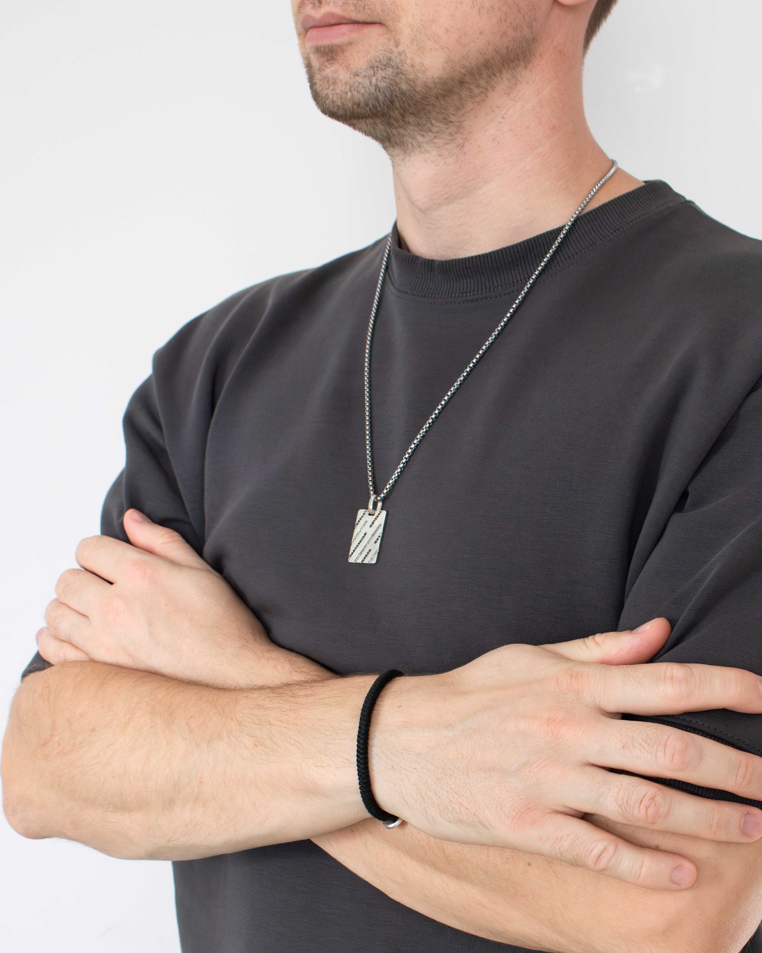 Mens Silver Dog Tag Pendant with Black Crystals and Stripes