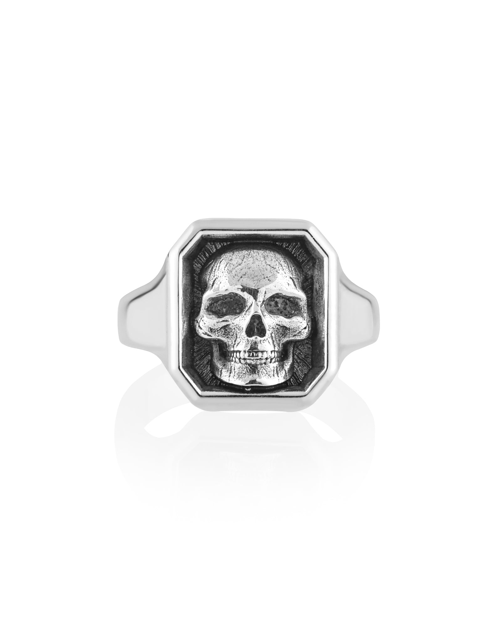 gothic inspired sterling silver signet ring with skull and vertical octagon shape head.