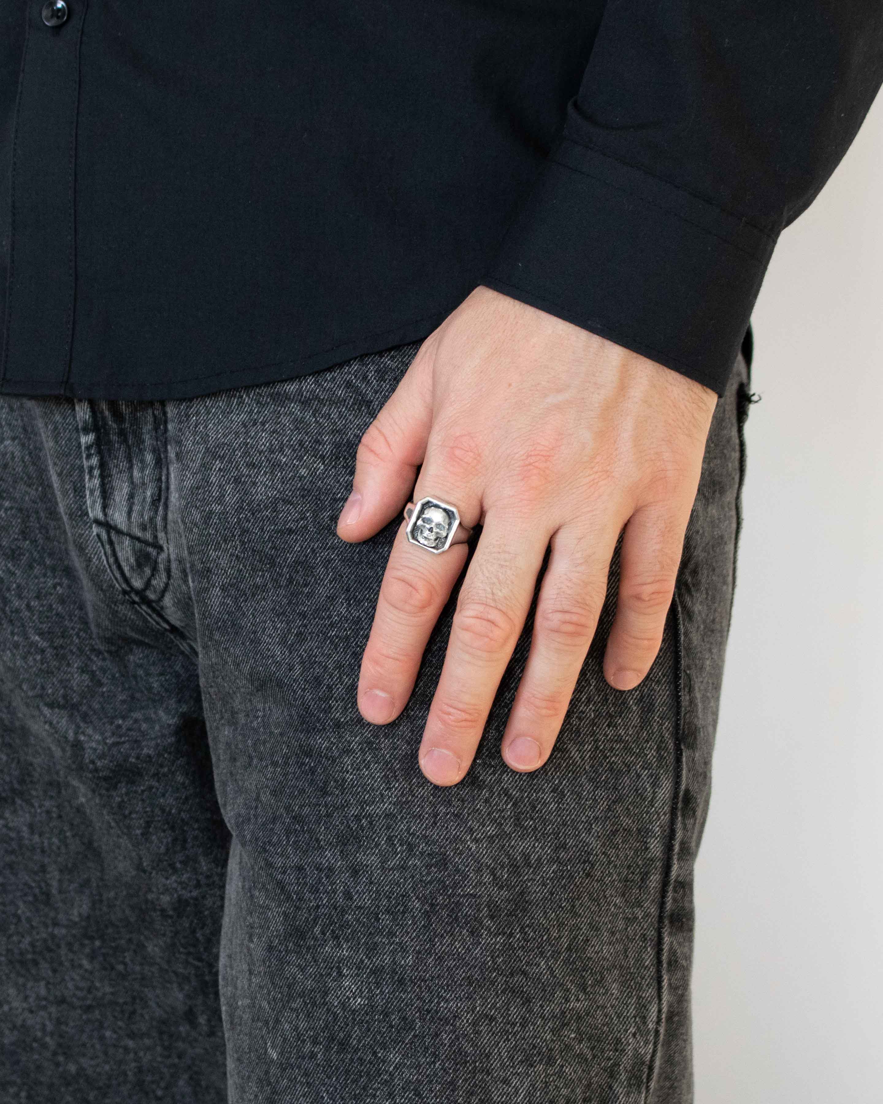 Gothic Signet Ring with Cranium Octagon Shape Silver