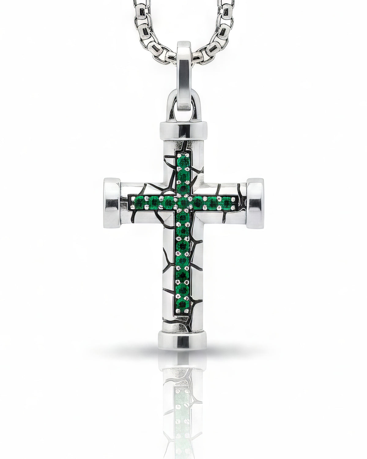 Emeralds in Cross Pendant with End Caps Sterling Silver
