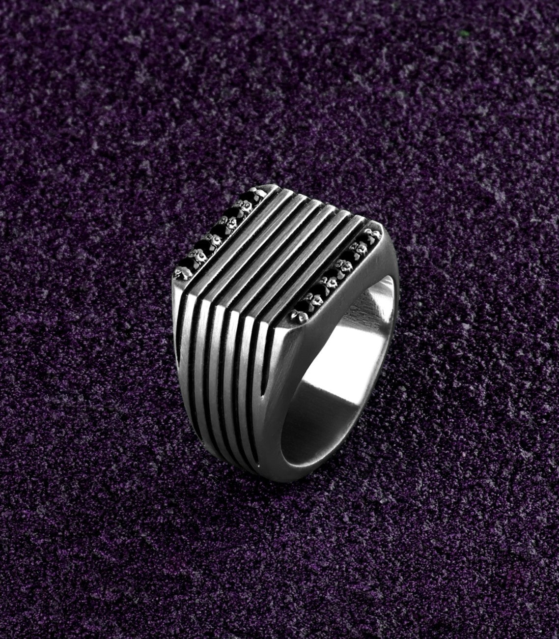 Bold Silver Signet Ring Black Diamond Gift for Him