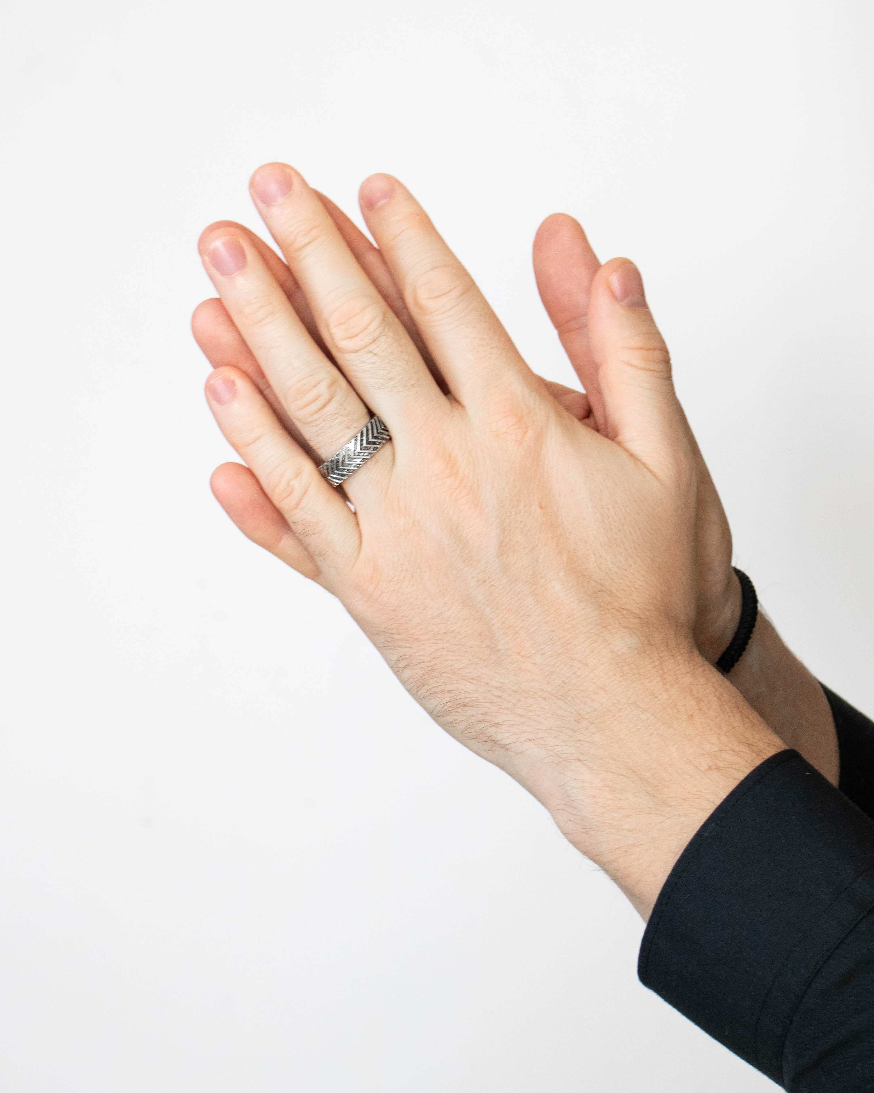 Masculine Chevron Ring Band for Men Hammered Silver