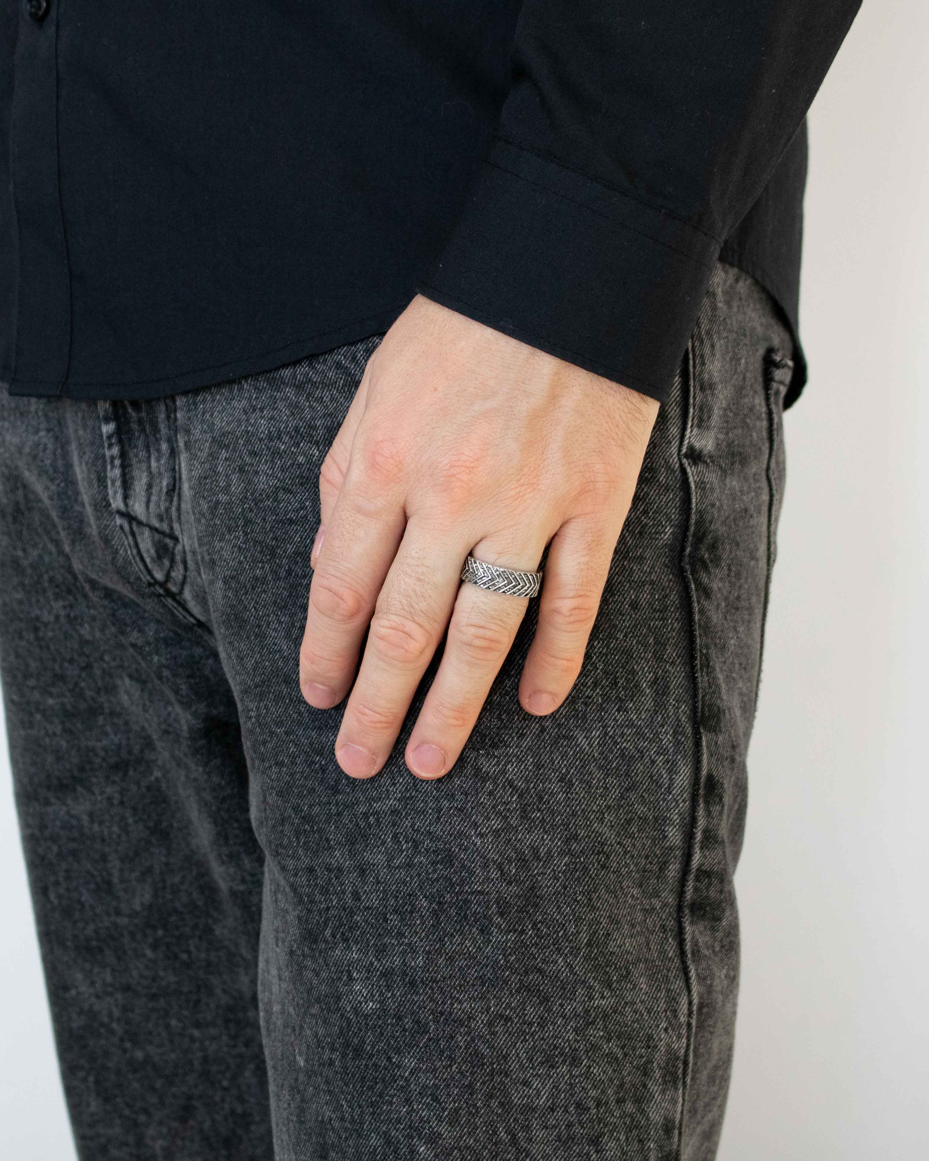 Mens Hammered Ring Solid Silver Brutal Chevron Design