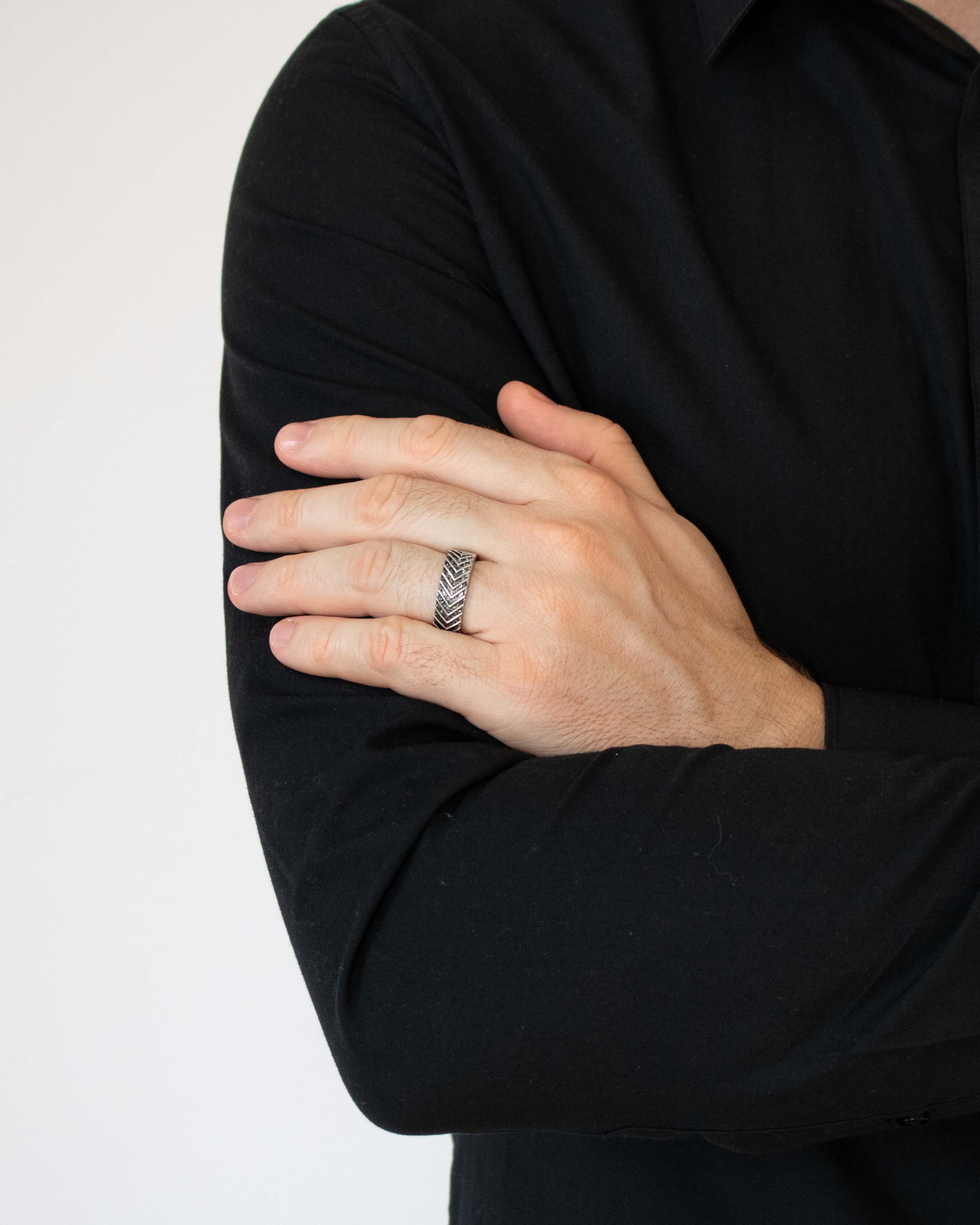 Mens Hammered Ring Solid Silver Brutal Chevron Design