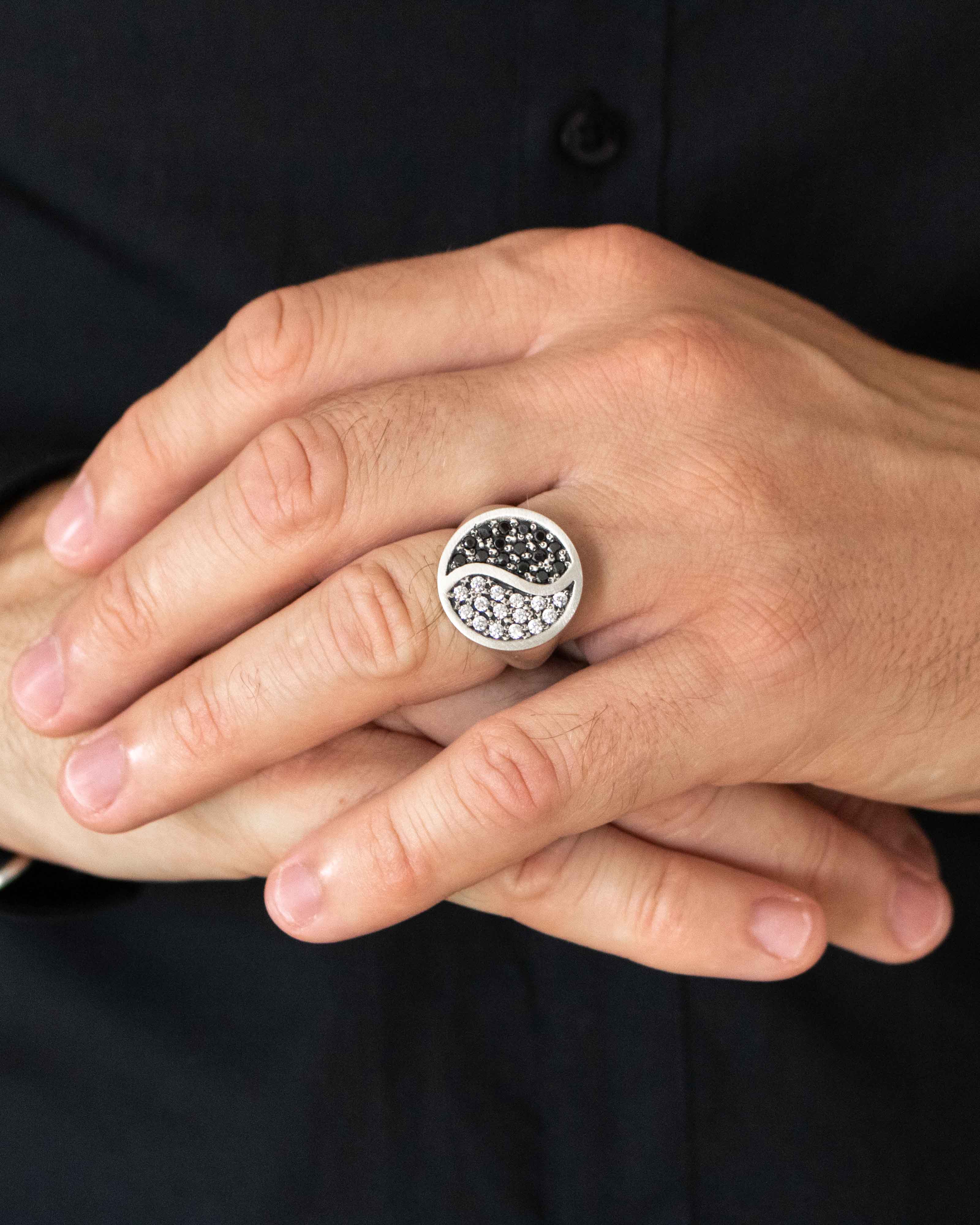 Yin Yang Black and White Round Signet Ring Silver