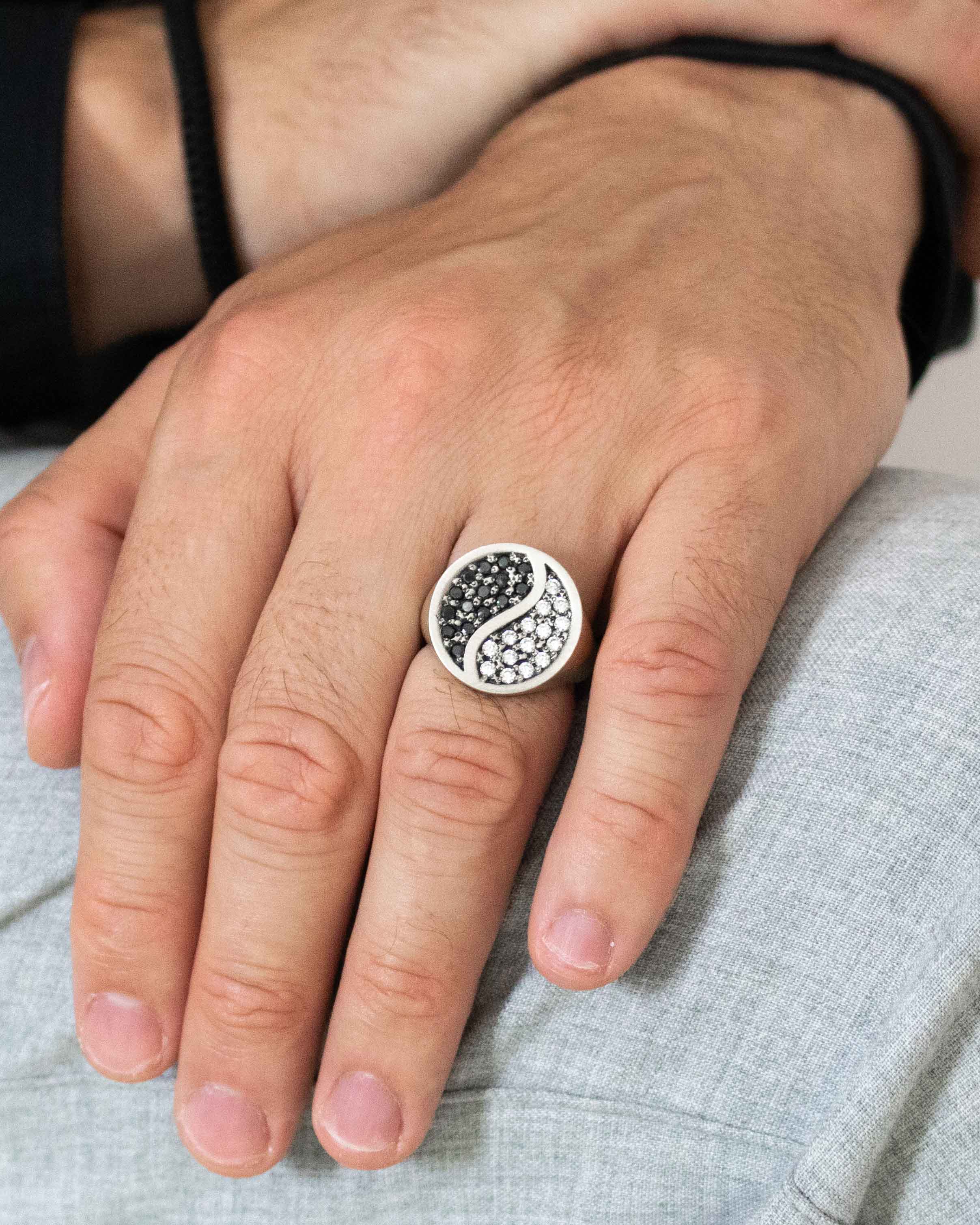 Yin Yang Black and White Round Signet Ring Silver
