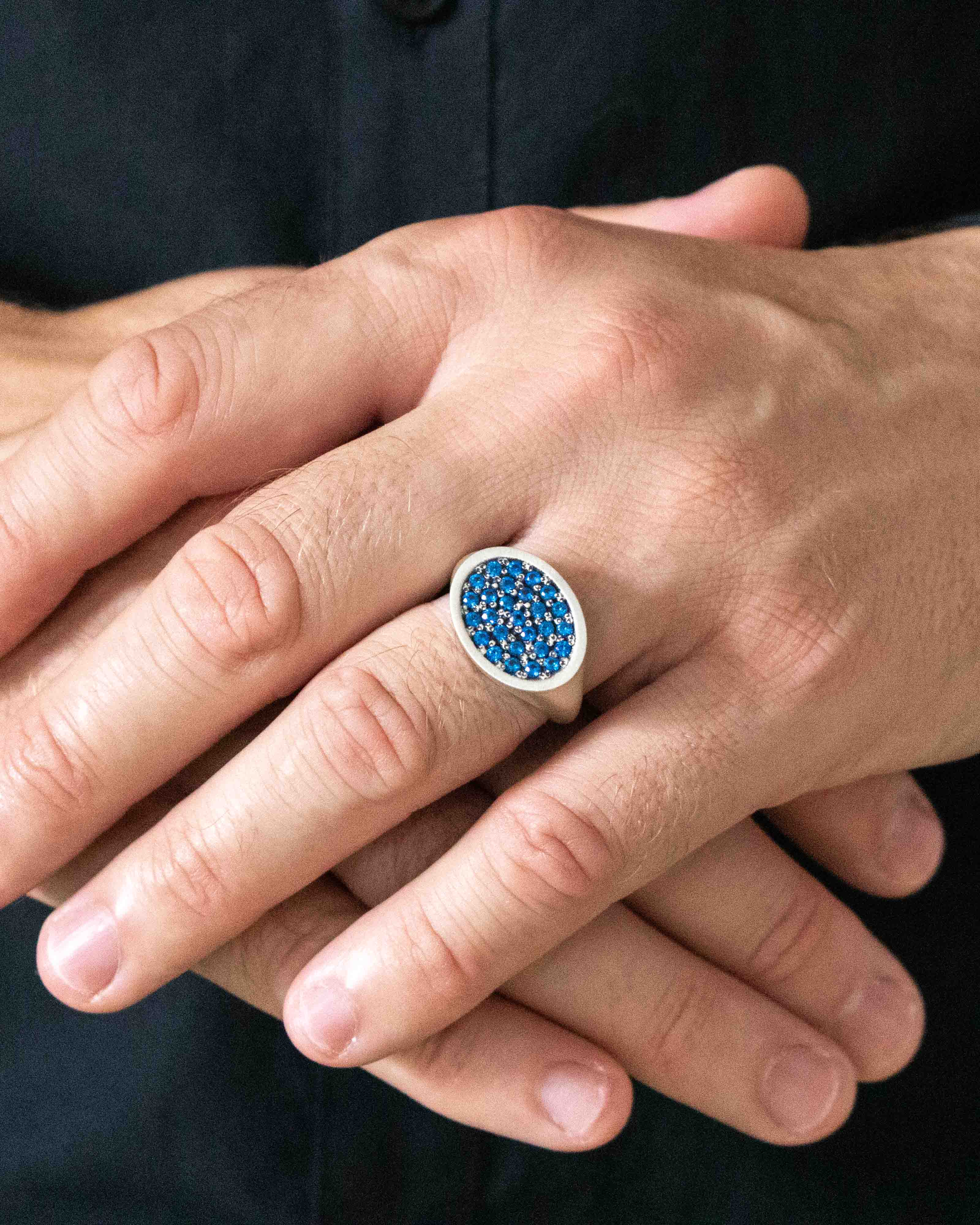 Silver Landscape Oval Signet Ring with Blue Stones