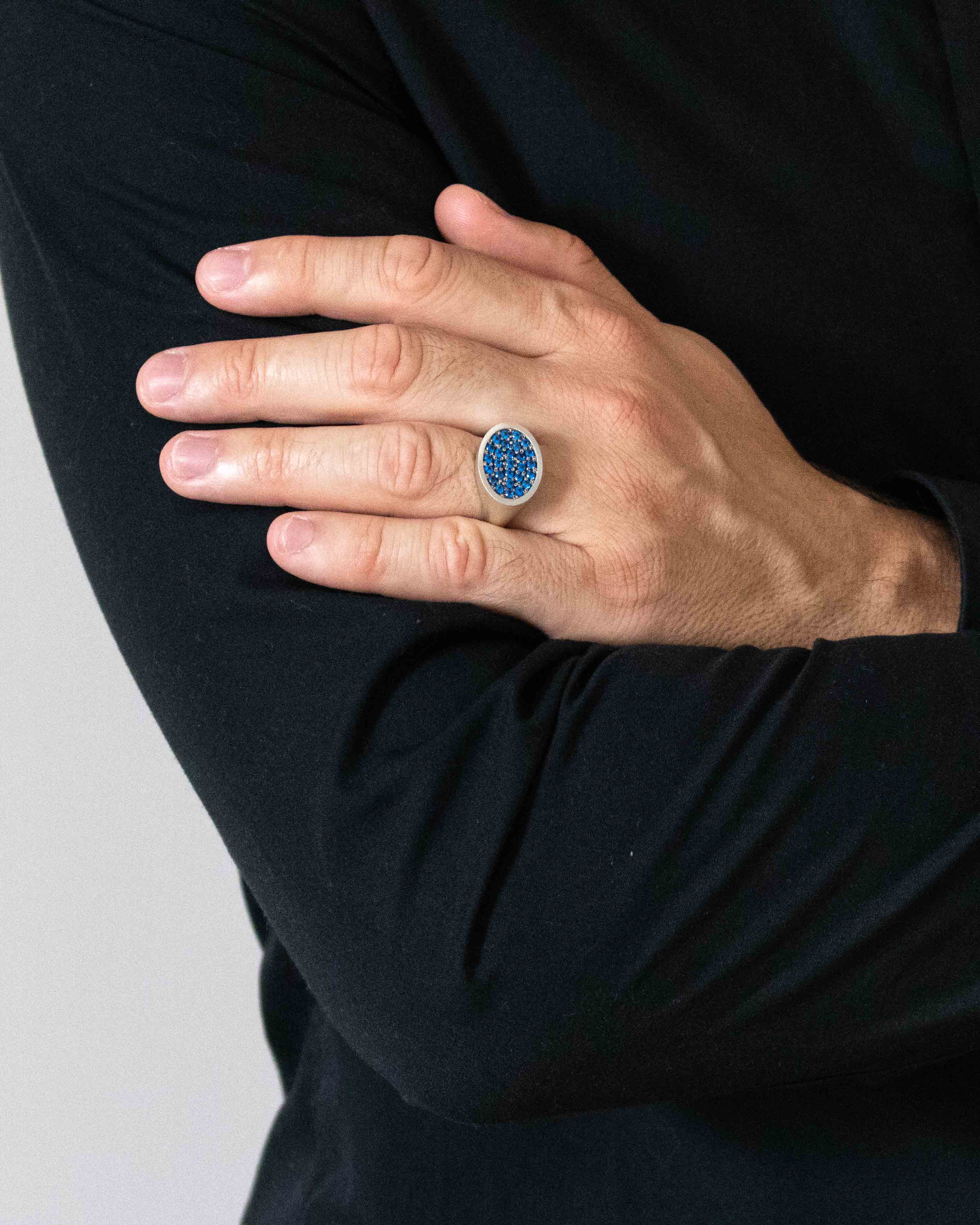 Silver Landscape Oval Signet Ring with Blue Stones