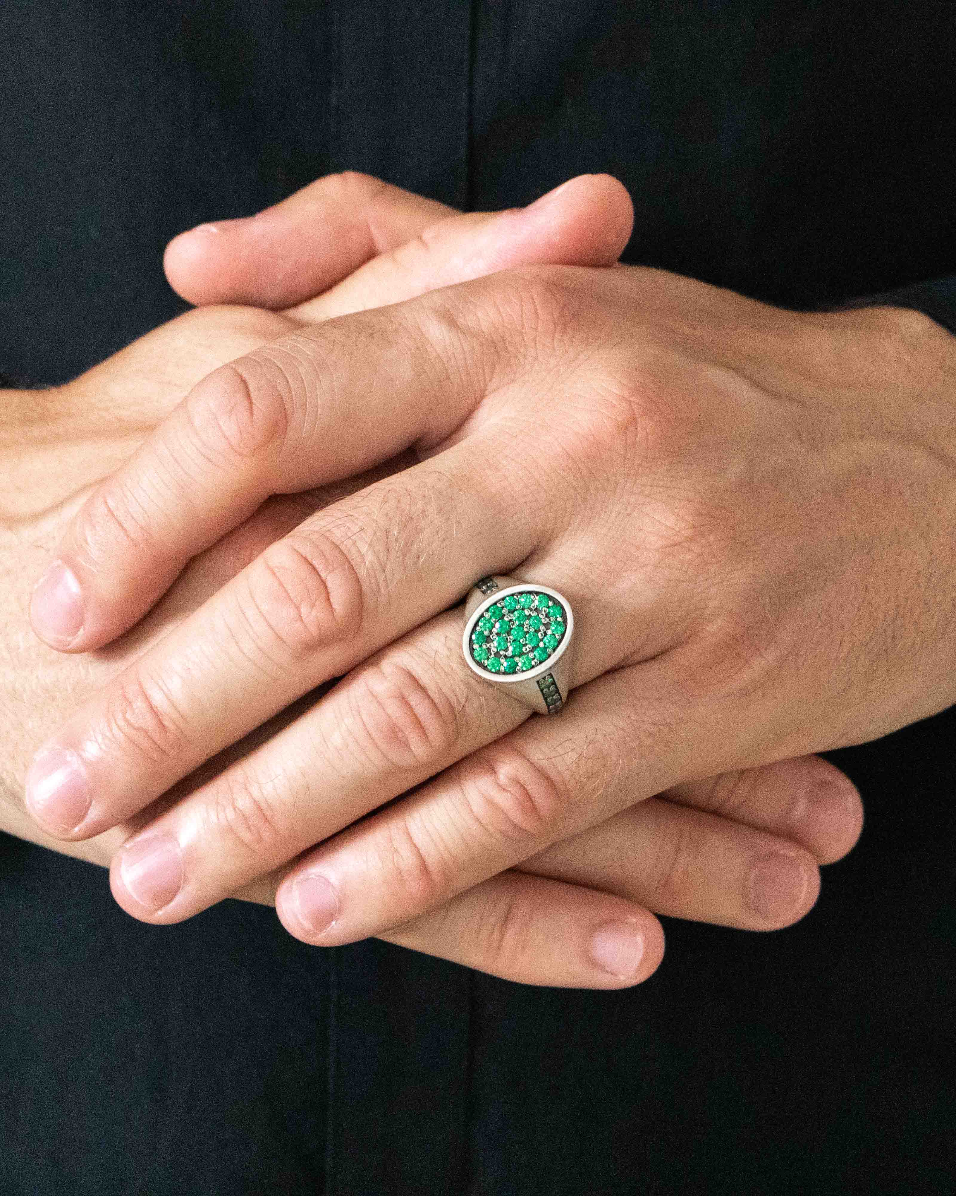 Silver Oval Shape Signet Ring Emerald Cubic Zirconia