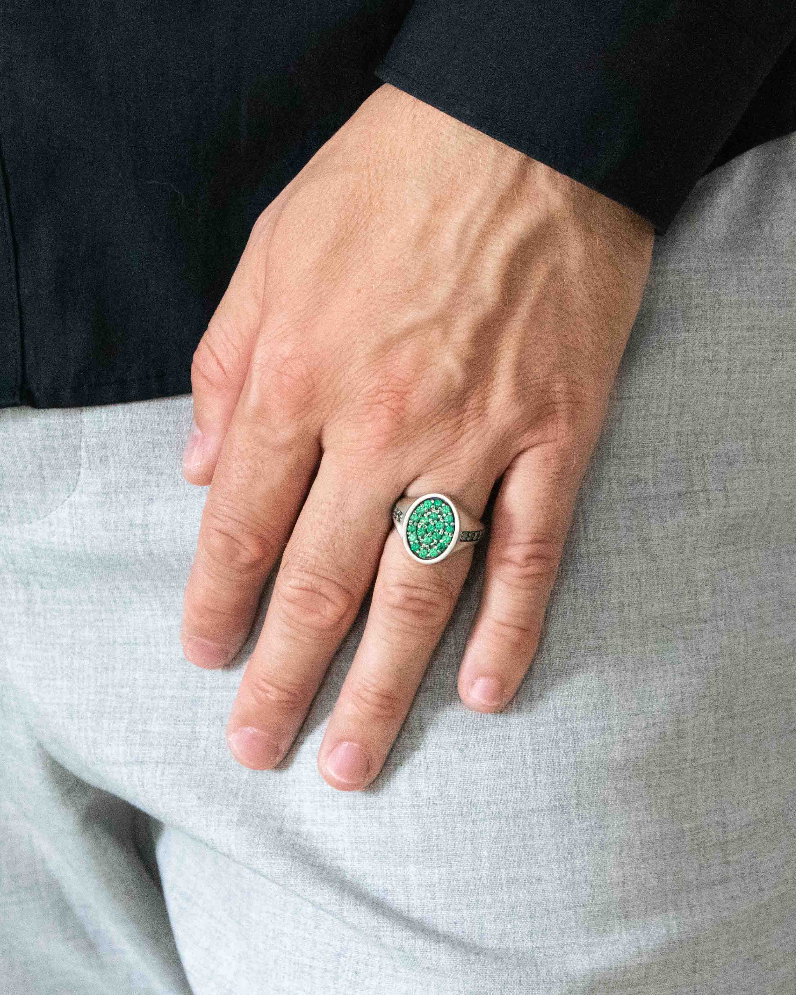 Silver Oval Shape Signet Ring Emerald Cubic Zirconia