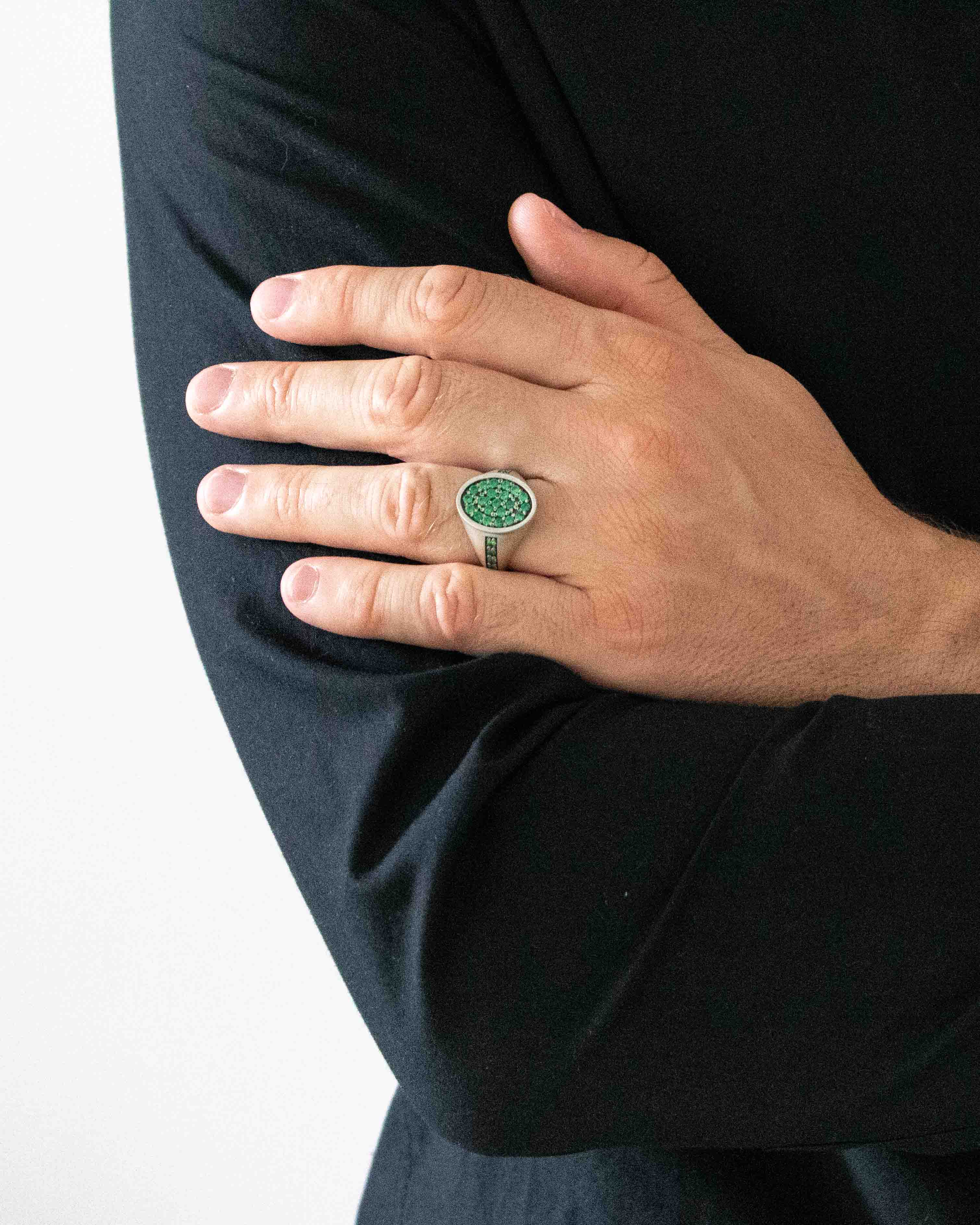 Silver Oval Shape Signet Ring Emerald Cubic Zirconia