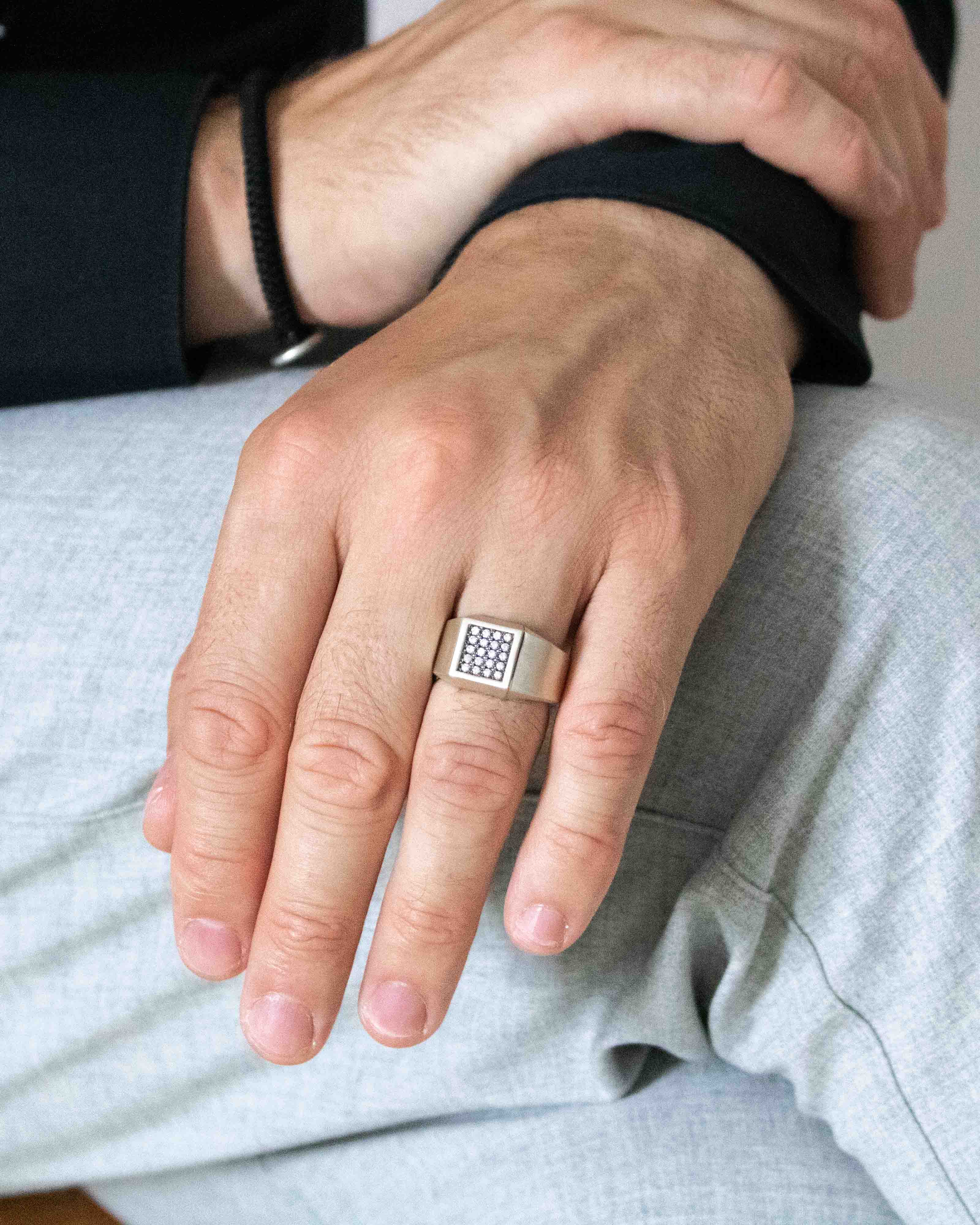 Elegant Square Silver Signet Ring with Diamonds CZ