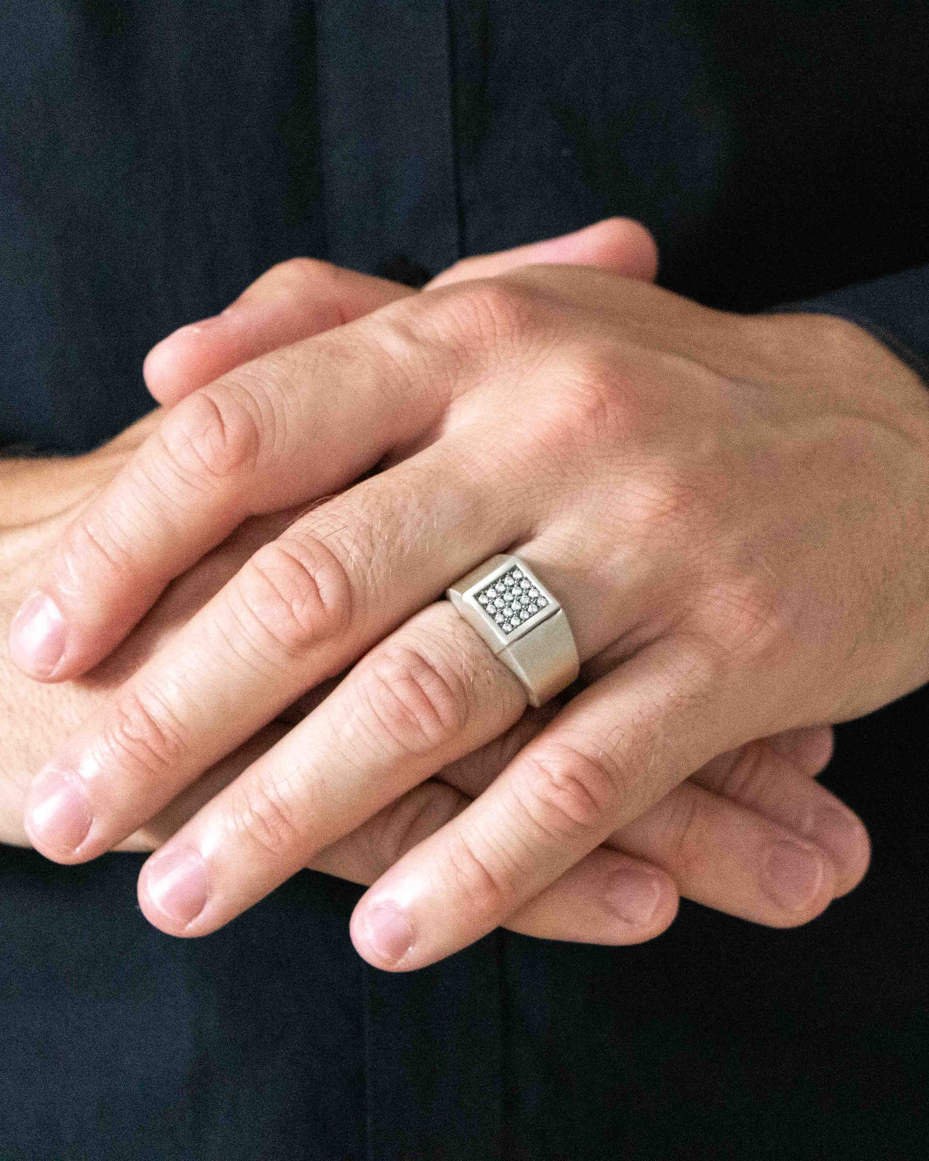 Elegant Square Silver Signet Ring with Diamonds CZ
