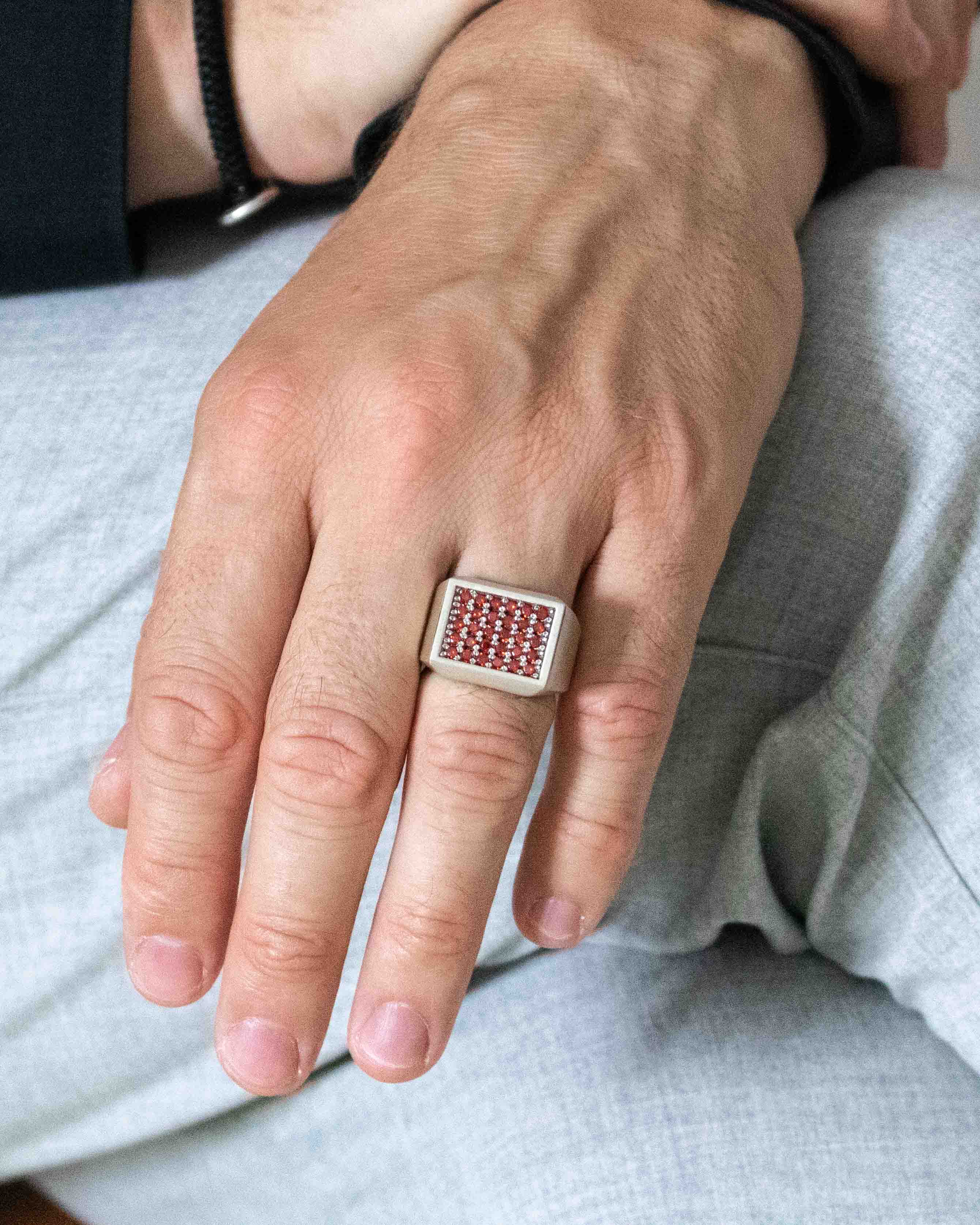 Garnet Pinky Signet Ring for Men in Sterling Silver