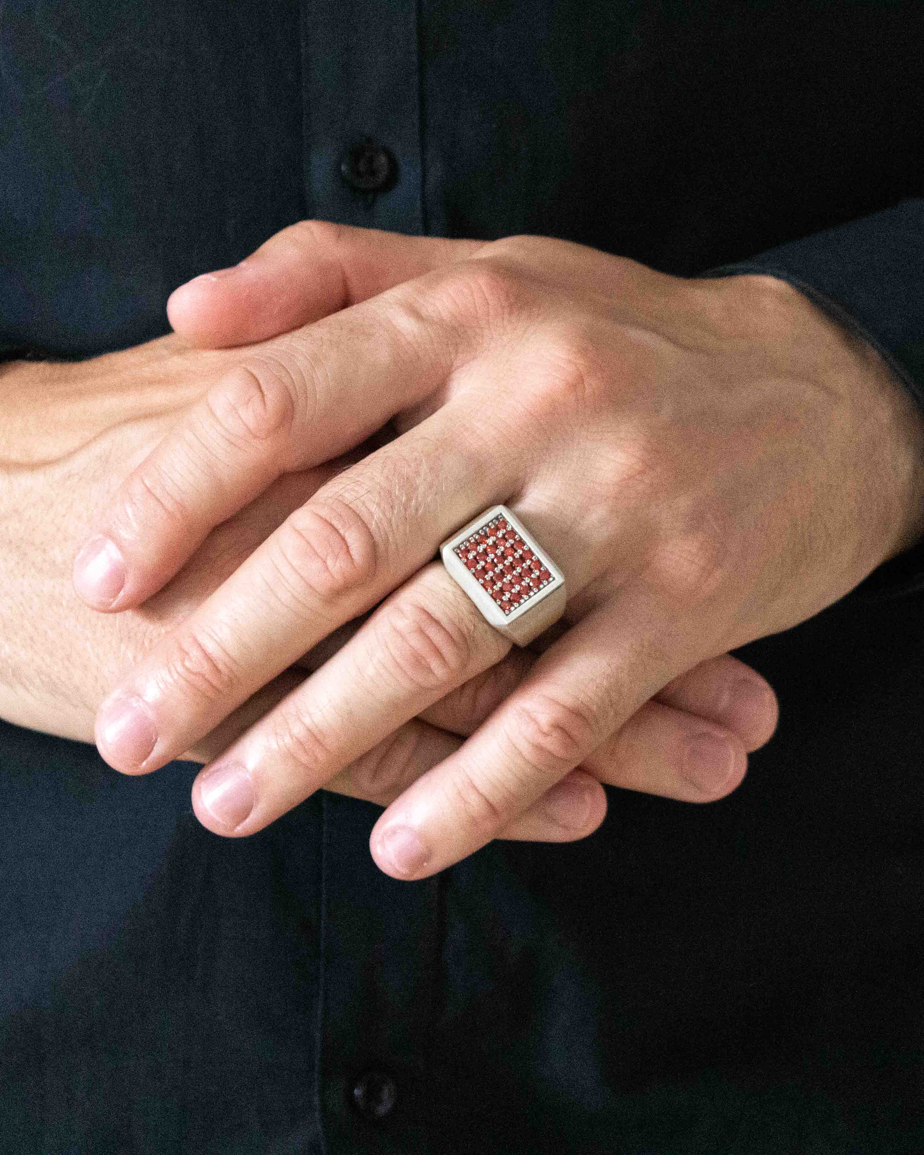 Garnet Pinky Signet Ring for Men in Sterling Silver