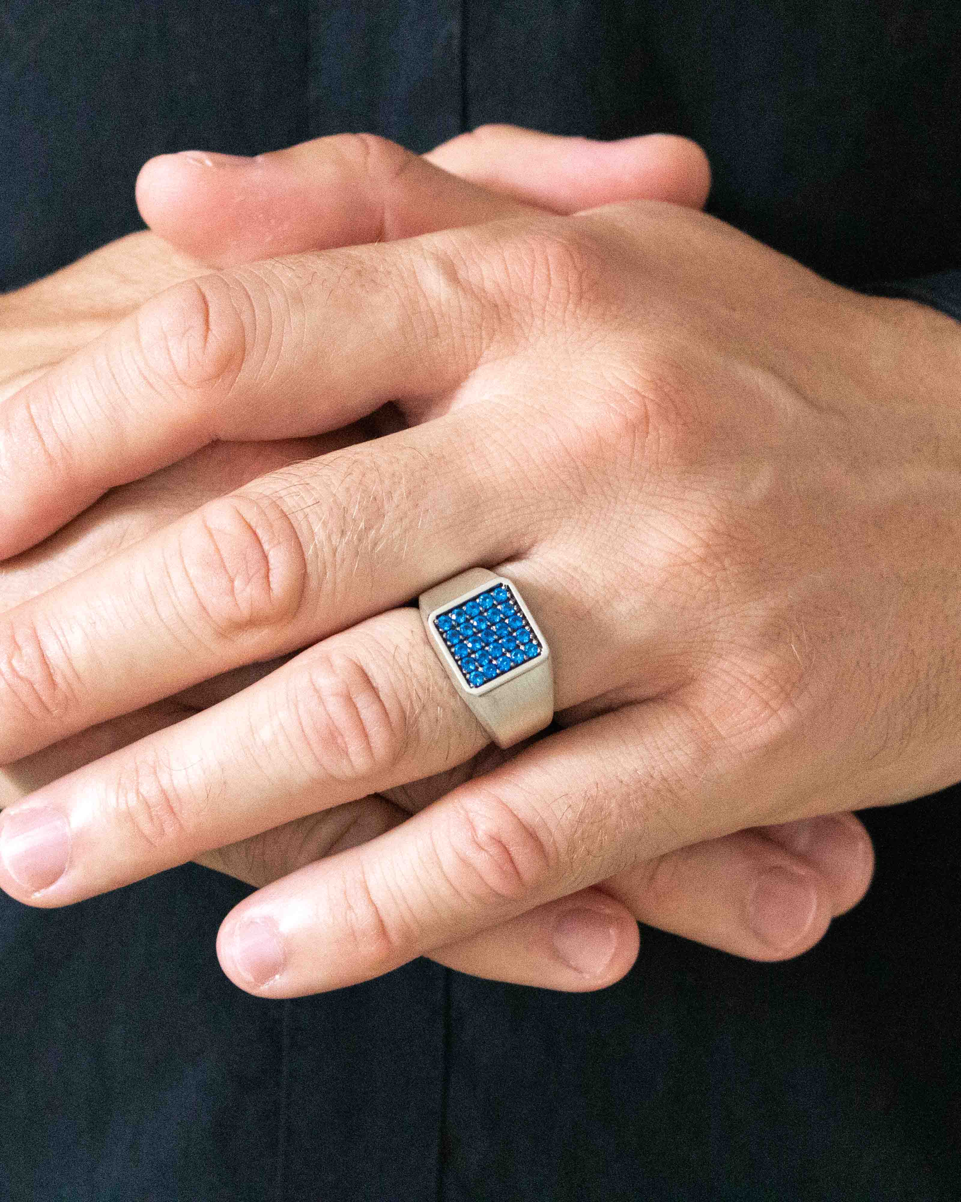 Square Silver Signet Ring Blue Sapphire CZ Multi Stone