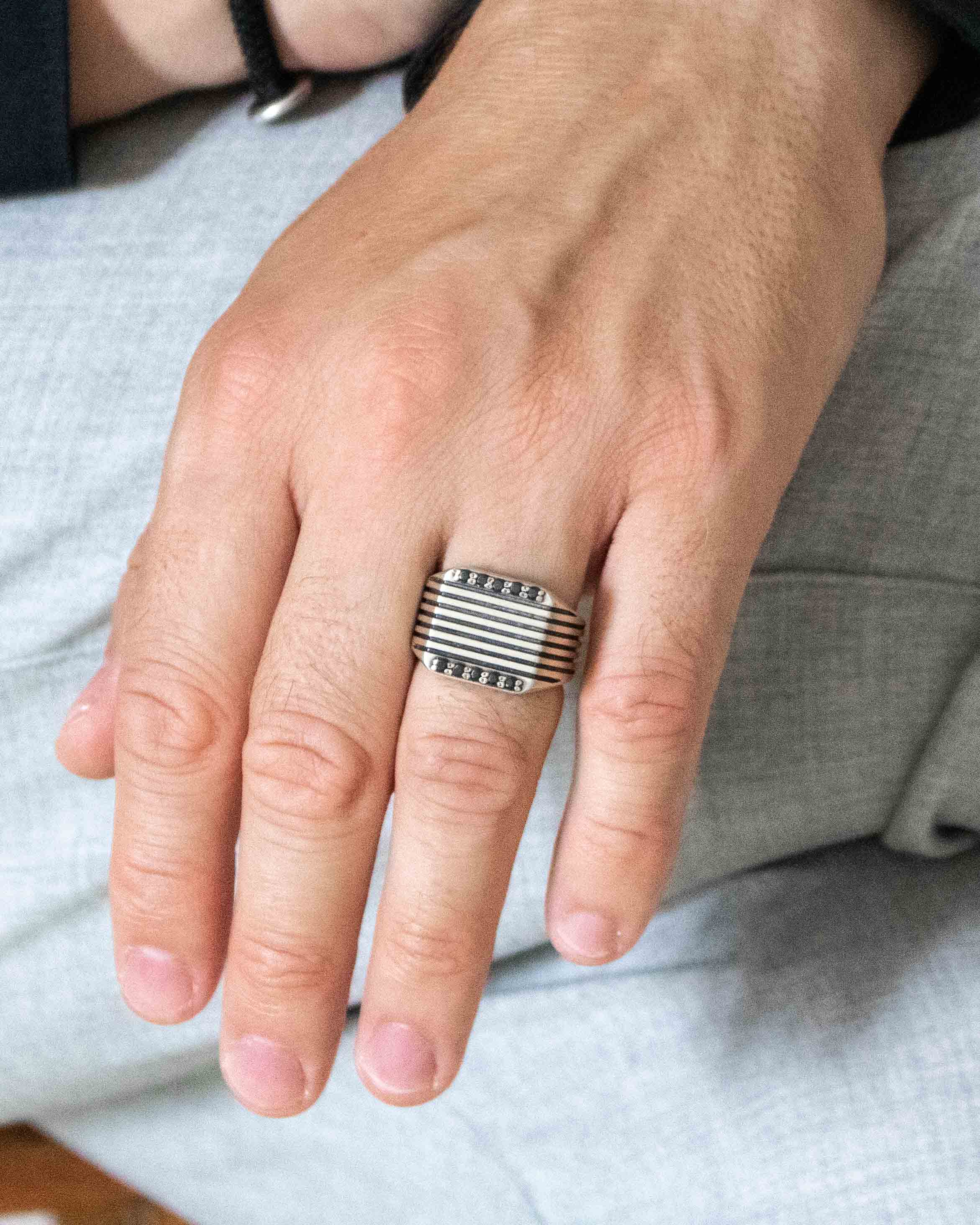 Chunky Soft Square Signet Ring with Stripes and Stones