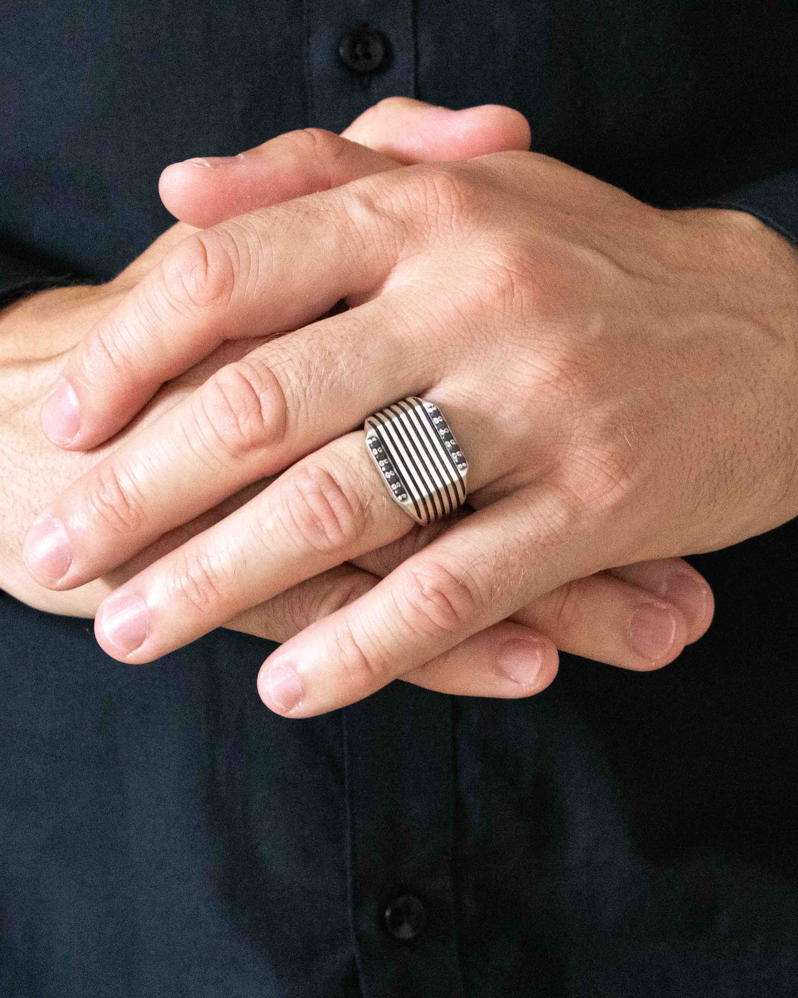 Chunky Soft Square Signet Ring with Stripes and Stones
