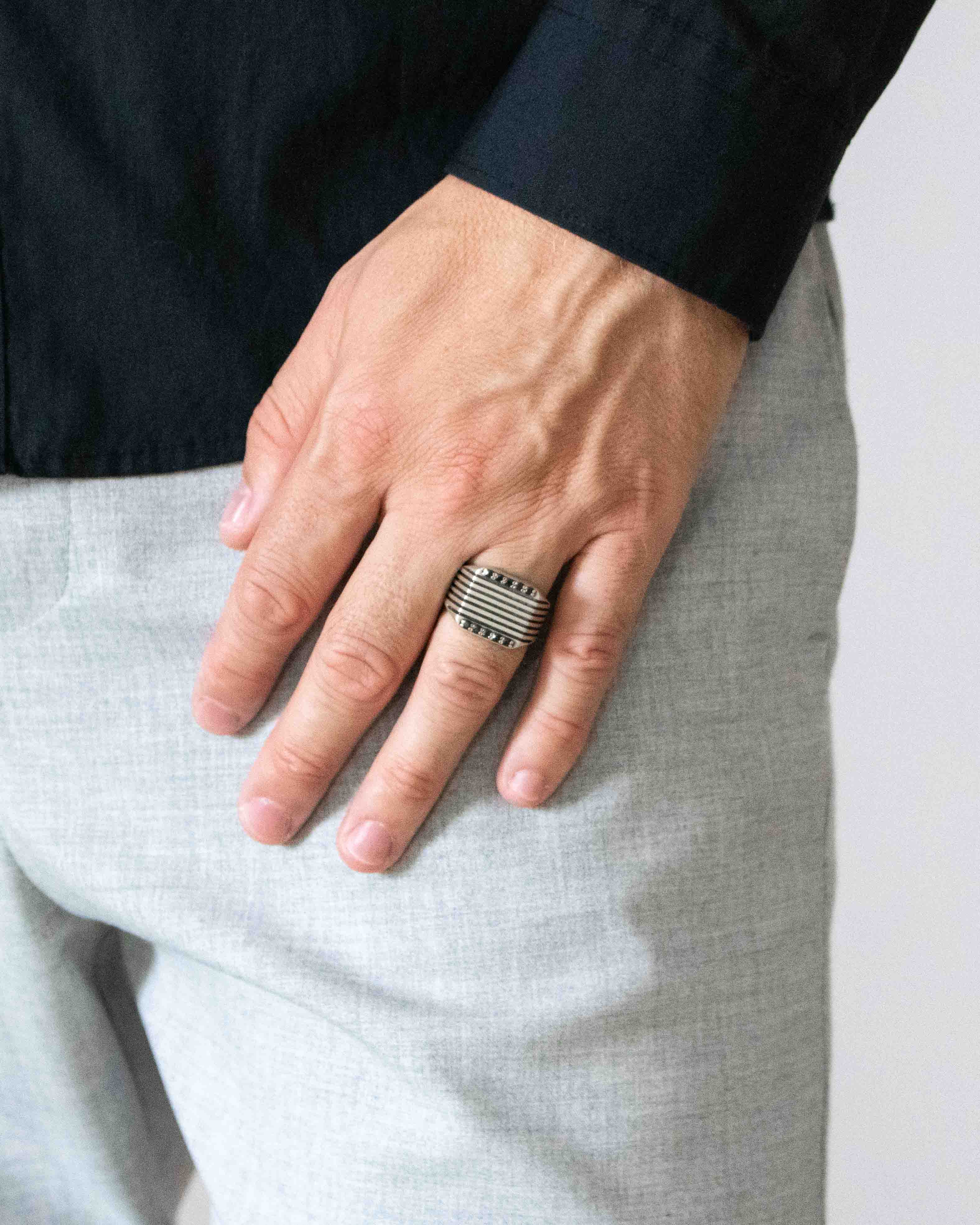 Chunky Soft Square Signet Ring with Stripes and Stones