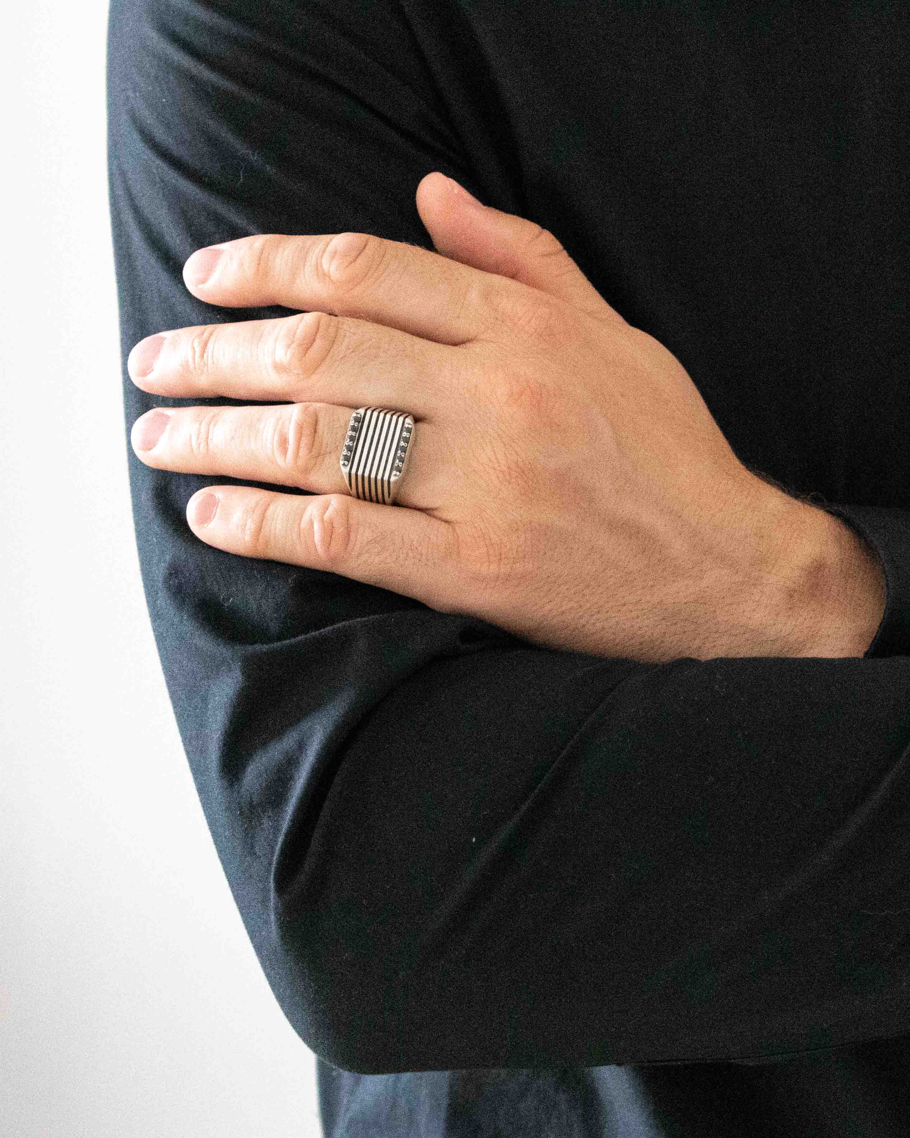 Chunky Soft Square Signet Ring with Stripes and Stones