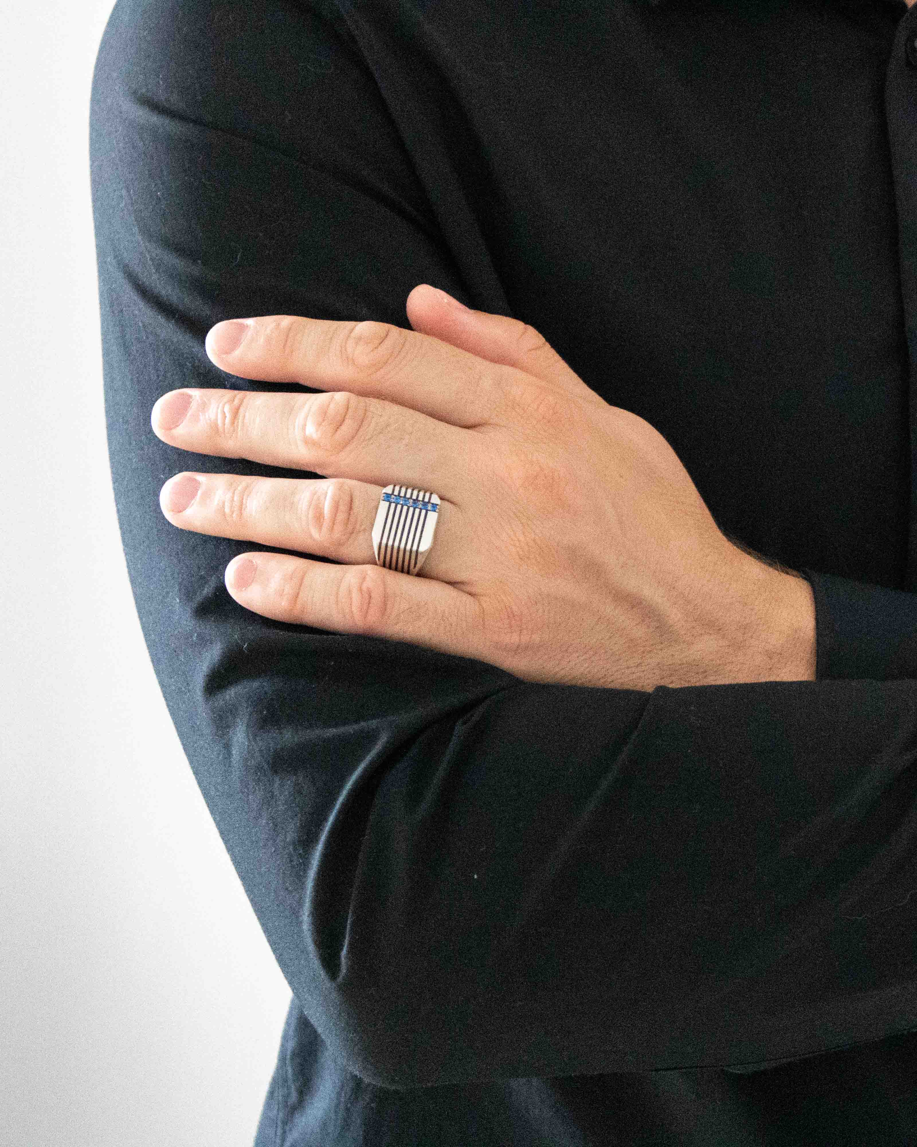 Silver Square Signet Ring Blue Stones & Brutal Stripes