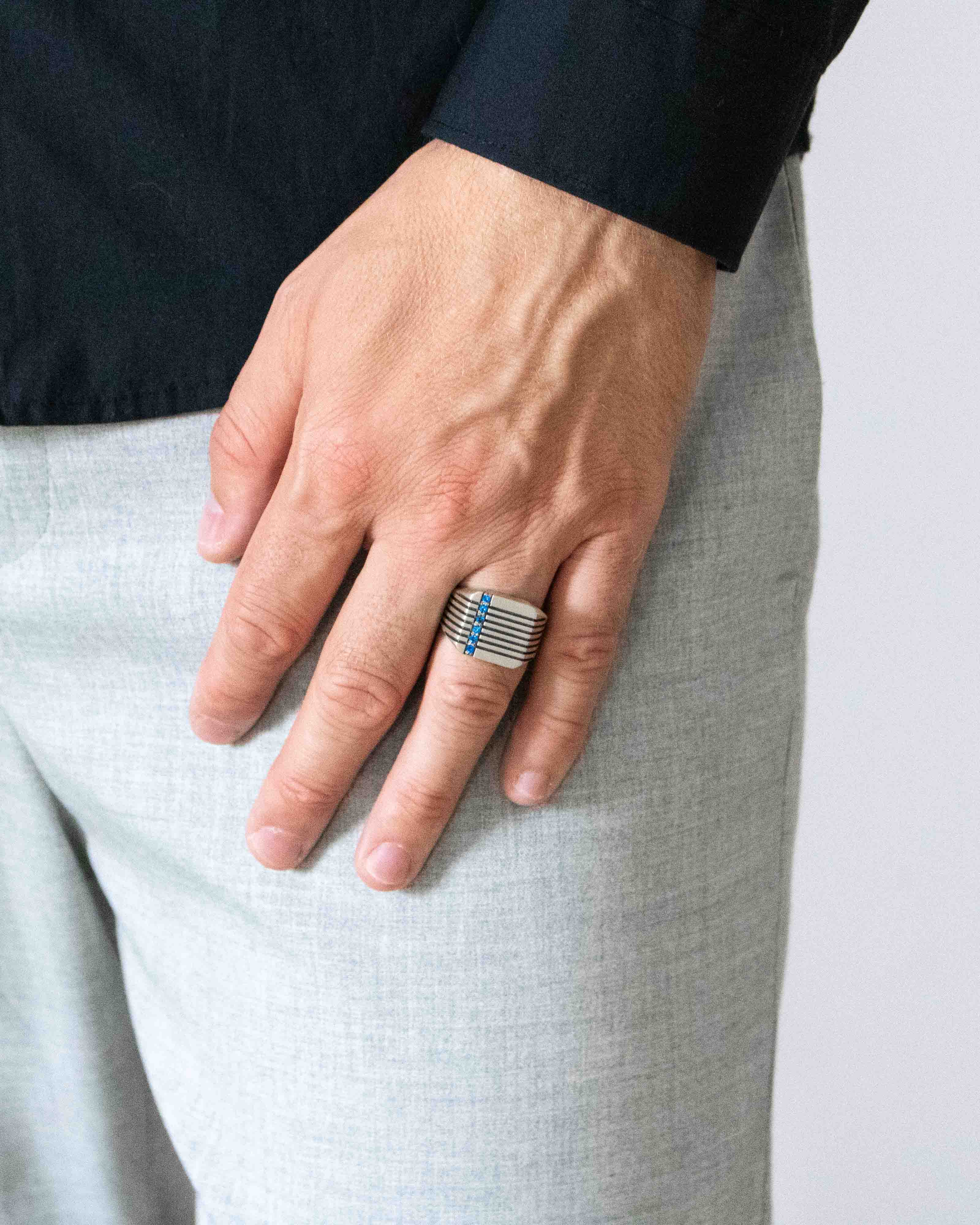 Silver Square Signet Ring Blue Stones & Brutal Stripes