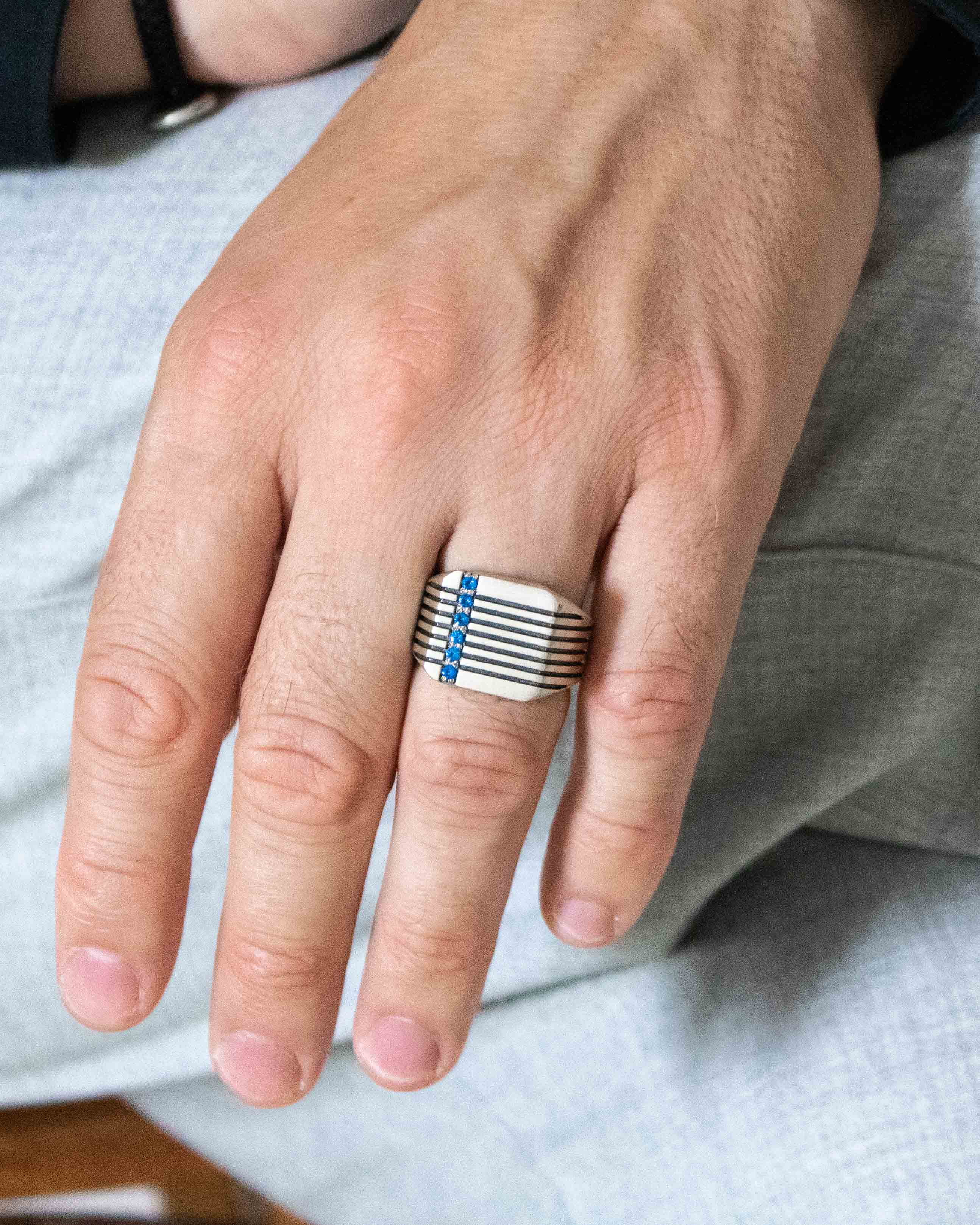 Silver Square Signet Ring Blue Stones & Brutal Stripes
