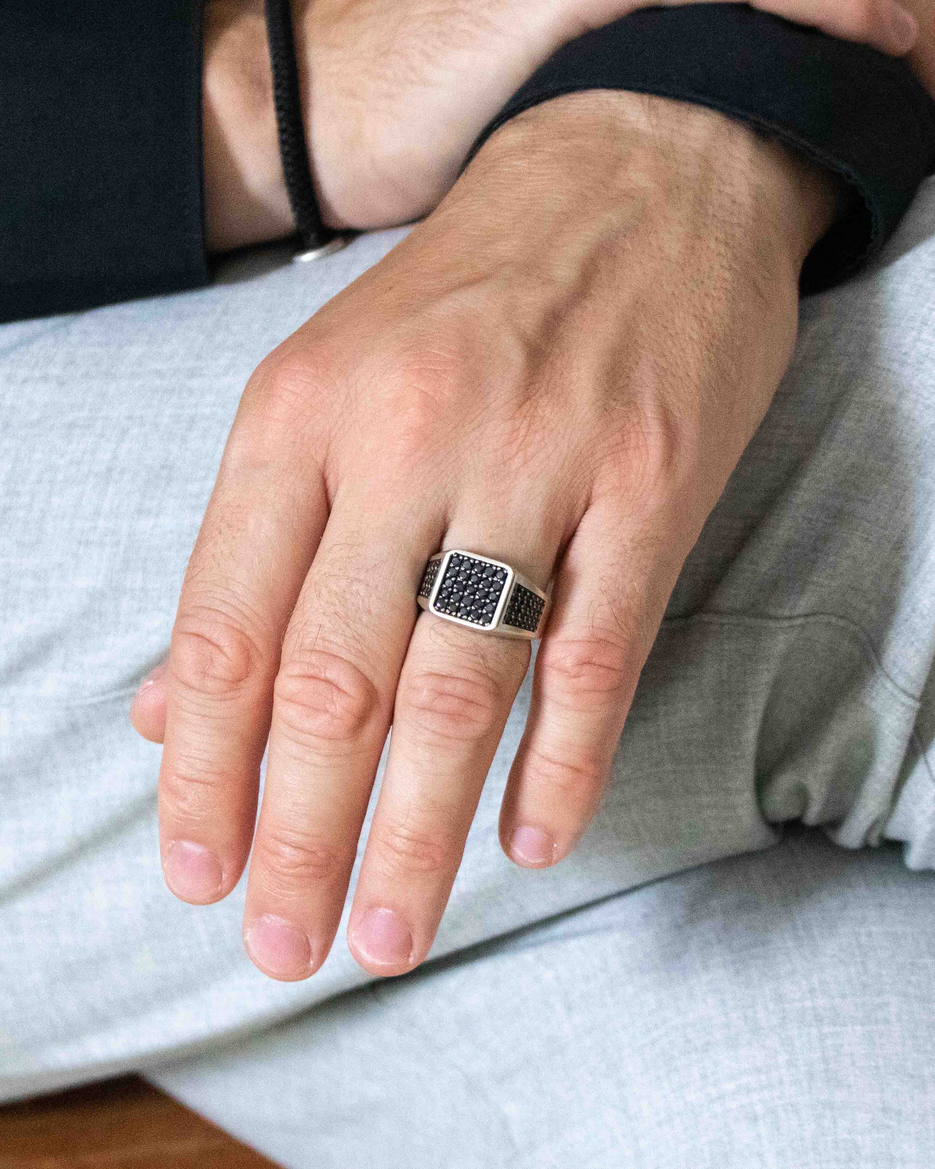 Black Signet Ring Multi Gemstone Soft Square Shape