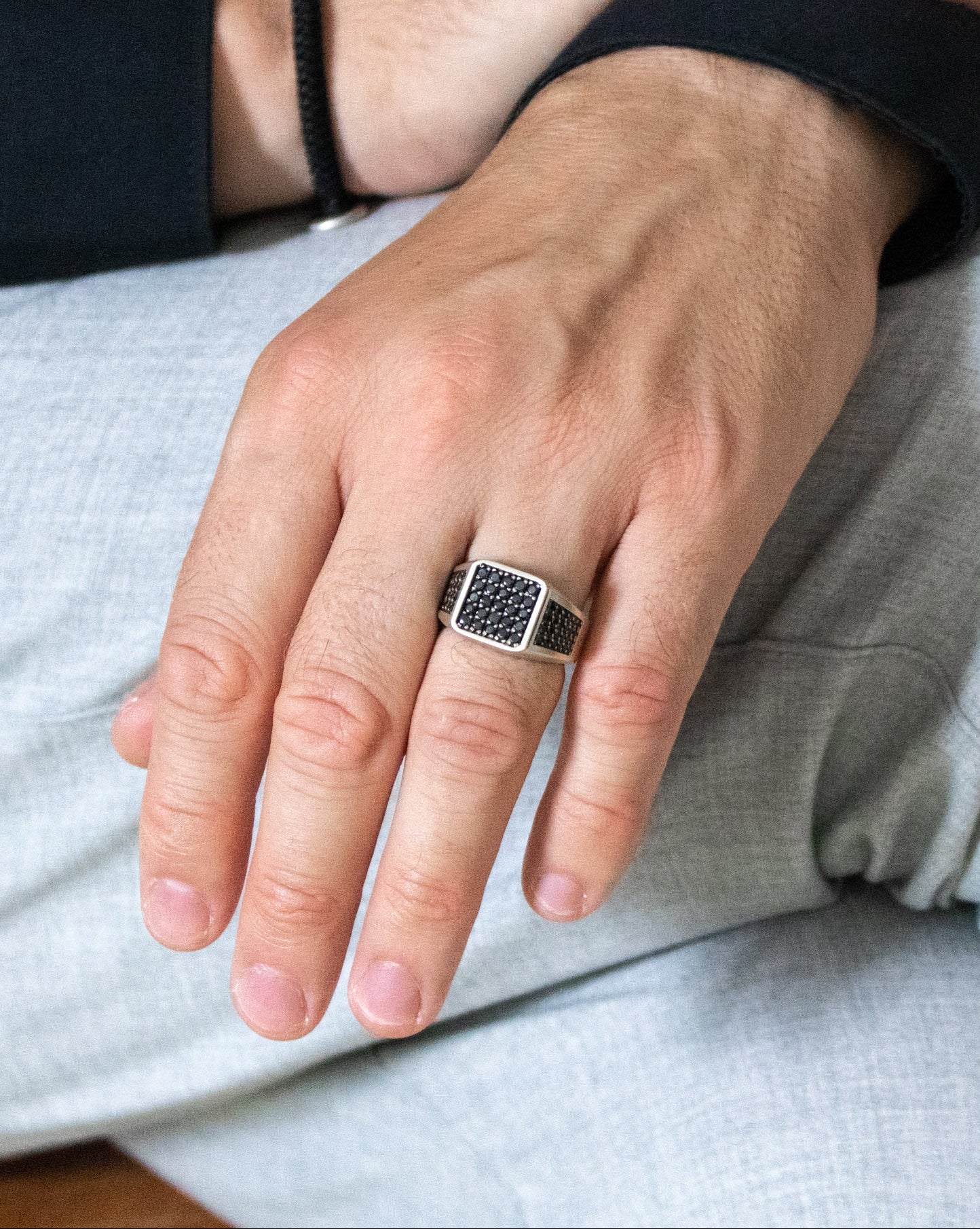 Mens Designer Ring Black Stone Signet Sterling Silver