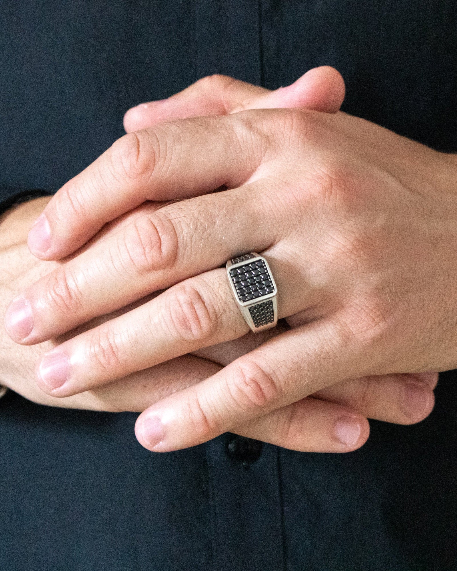 Mens Designer Ring Black Stone Signet Sterling Silver